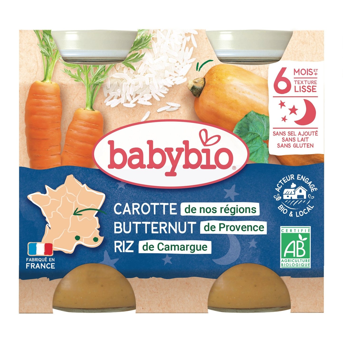 Plat Bébé du Soir Dès 6 Mois Carotte Potimarron Riz Bio BABYBIO les 2 pots de 200 g