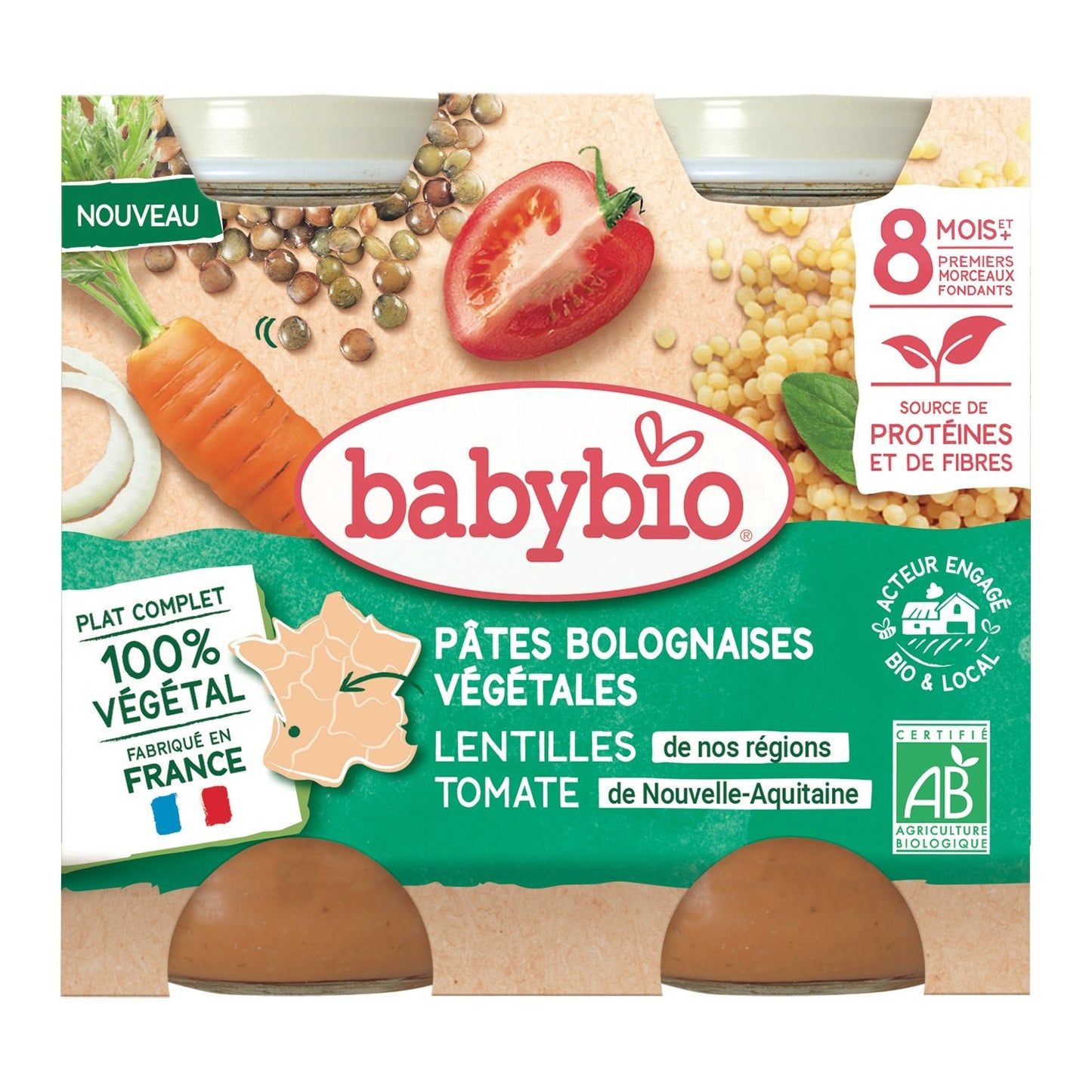 Plat Bébé Dès 8 Mois Pâtes Bolognaises Végétales Lentilles Tomate Bio Babybio BABYBIO les 2 pots de 200g