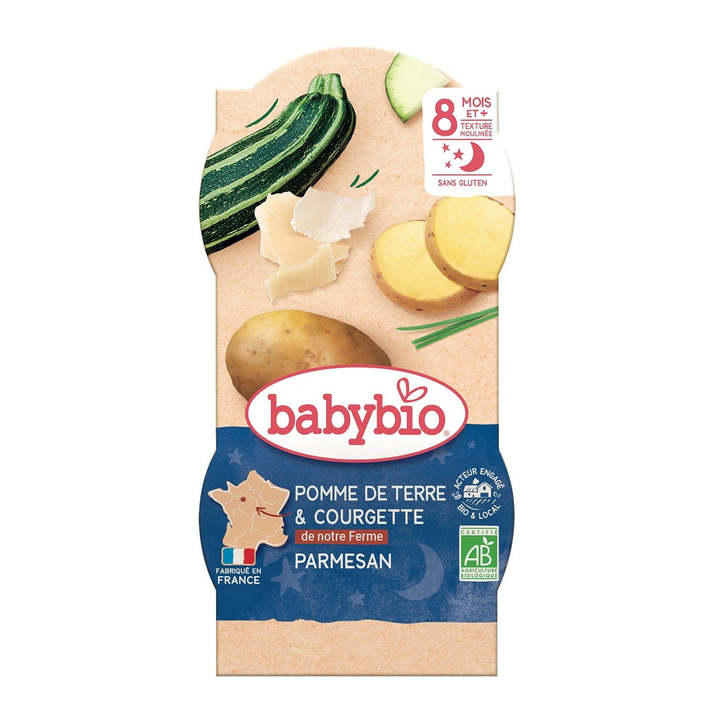 Plat Bébé du Soir Dès 6 Mois Pomme de Terre Courgette et Parmesan BABYBIO le lot de 2 pots de 400g