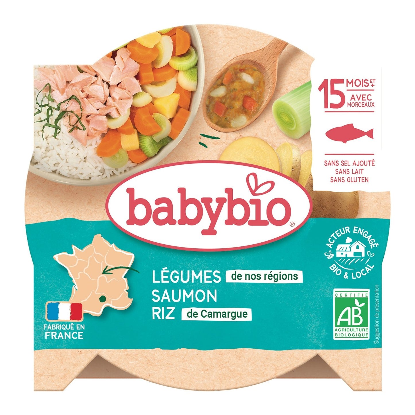 Plat Bébé Dès 15 Mois Légumes Saumon Riz Bio Mon P'tit Plat BABYBIO l'assiette de 260 g
