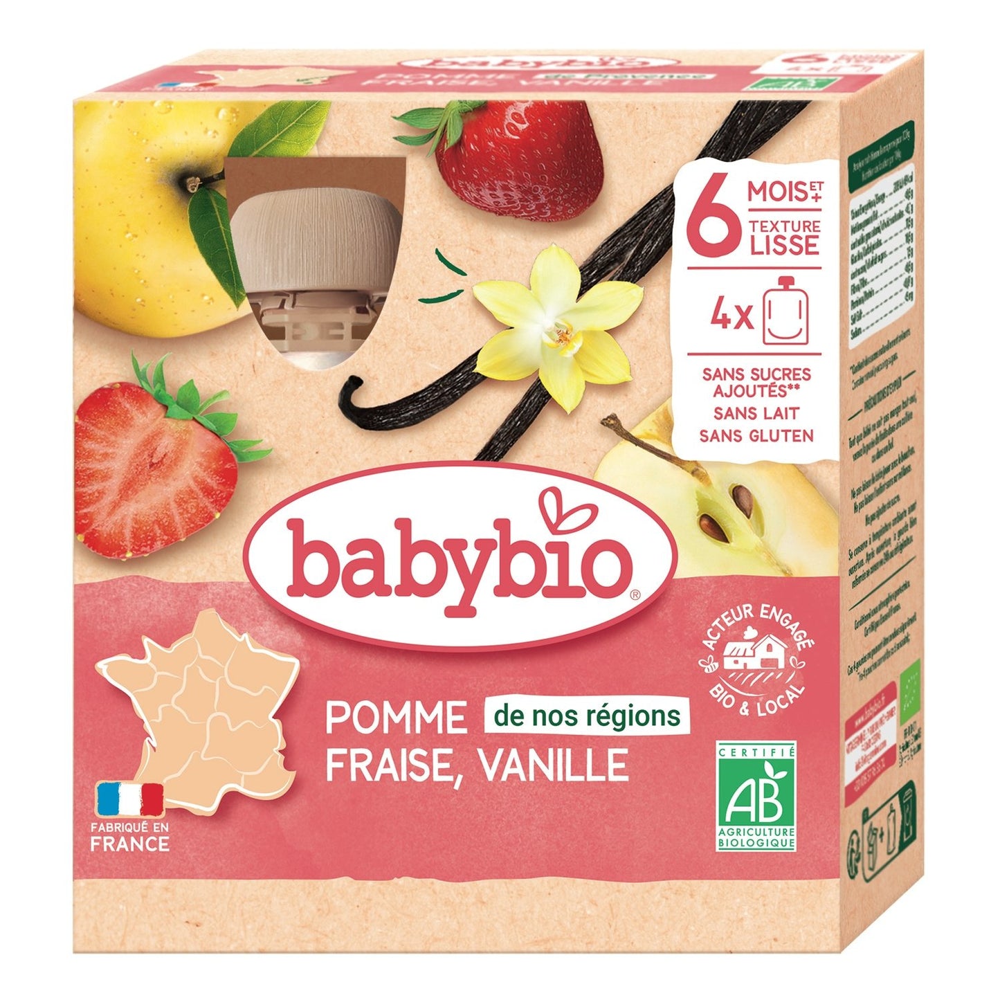Compotes Bébé à Boire Dès 6 Mois Pomme Fraise Vanille Sans Sucres Ajoutés Bio BABYBIO les 4 gourdes de 90g