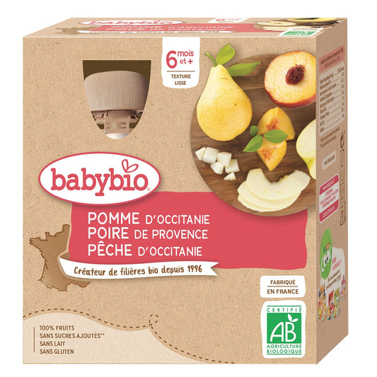 Compotes Bébé à Boire Dès 6 Mois Pomme Poire Pêche Sans Sucres Ajoutés Bio BABYBIO