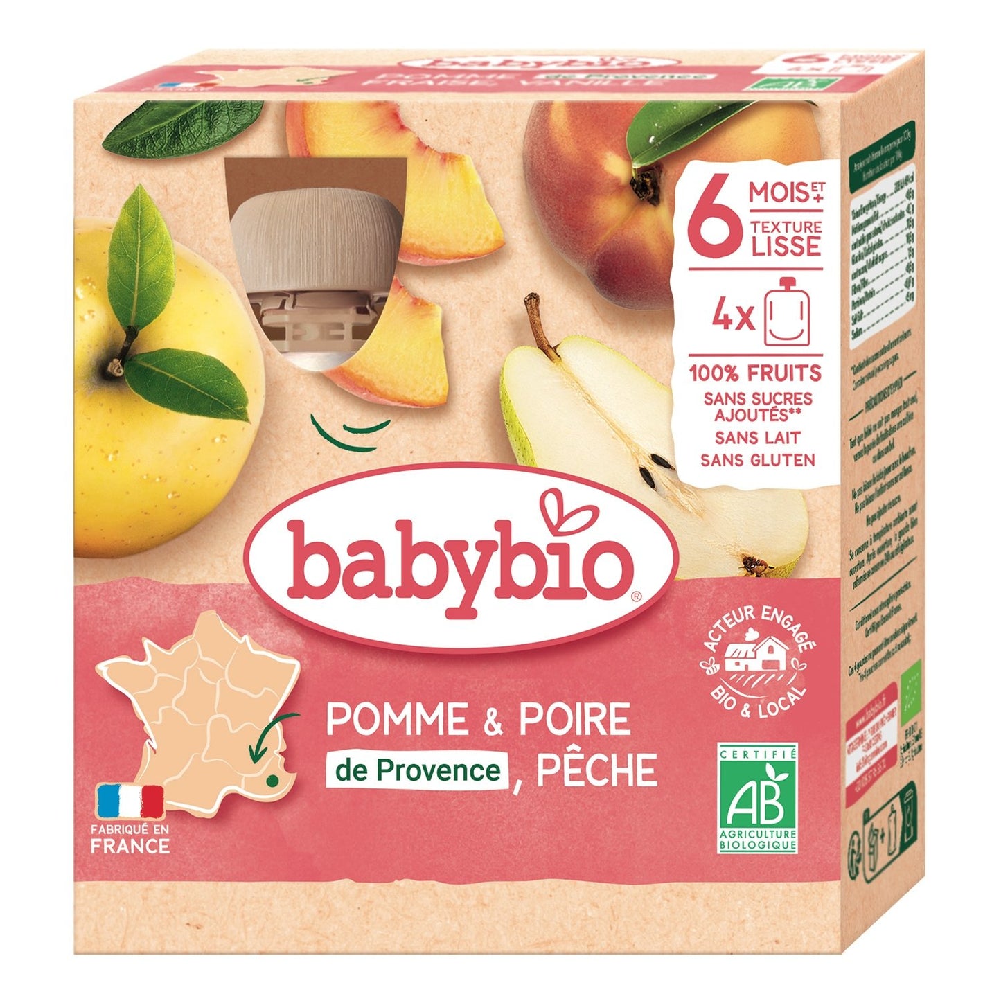 Compotes Bébé à Boire Dès 6 Mois Pomme Poire Pêche Sans Sucres Ajoutés Bio BABYBIO les 4 gourdes de 90g