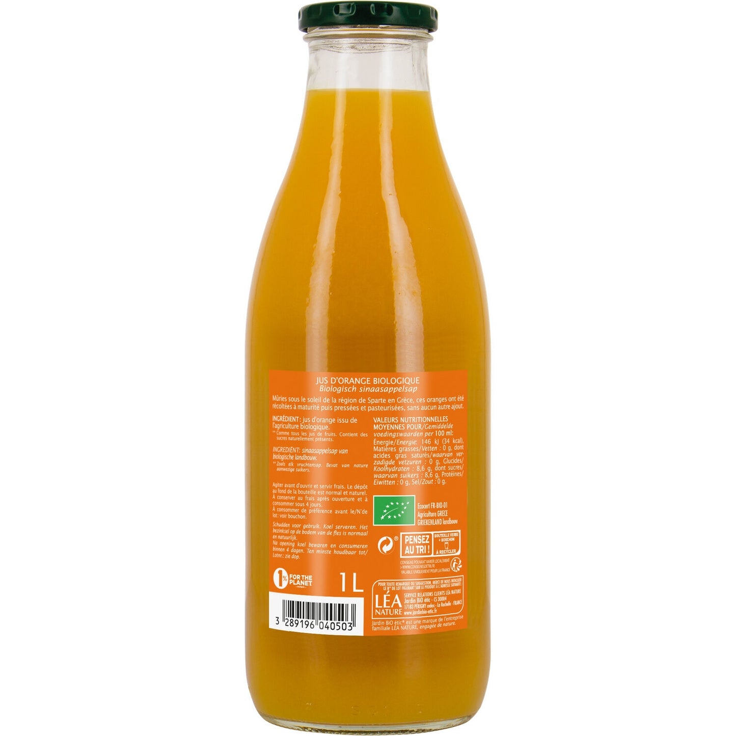 Jus d'Orange Sans Pulpe Bio JARDIN BIO ETIC