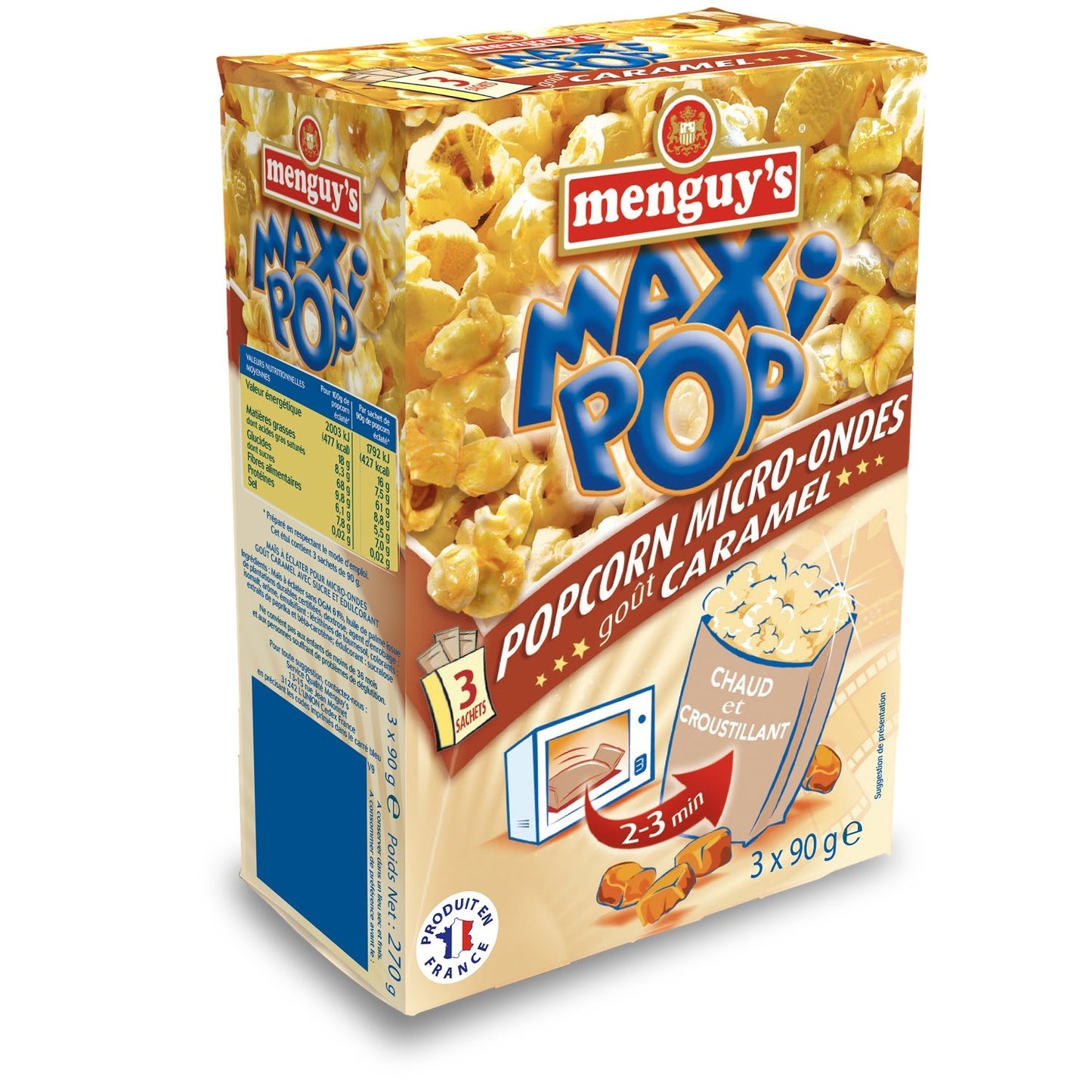 Pop Corn Micro-Ondes Goût Caramel MENGUY'S la boite de 3 portions de 90g