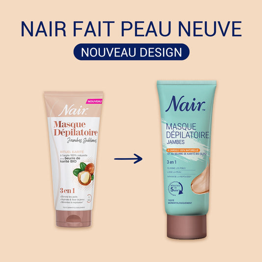 Masque Dépilatoire 3en1 Élimine les Poils Hydrate & Lisse la Peau Minimise la Repousse à l'Argile Naturelle et au Beurre de Karité Bio Jambes Sublimes NAIR