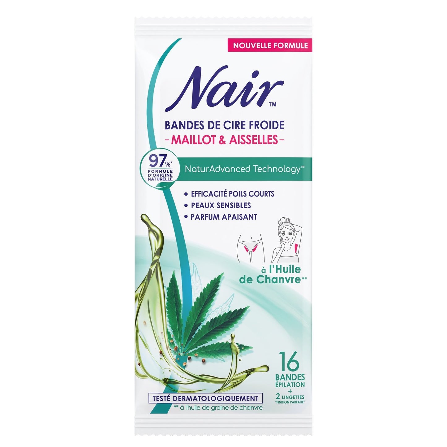 Bandes de Cire Froide Corps Peau Sensible Huile de Chanvre NAIR le paquet de 16 bandes de cire