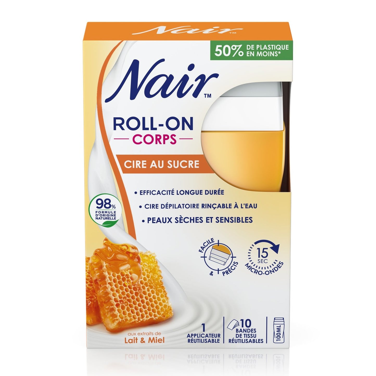 Cire Roll-On Corps Peau Sèche et Sensible Lait et Miel NAIR le roll-on de 100 ml + 10 bandes