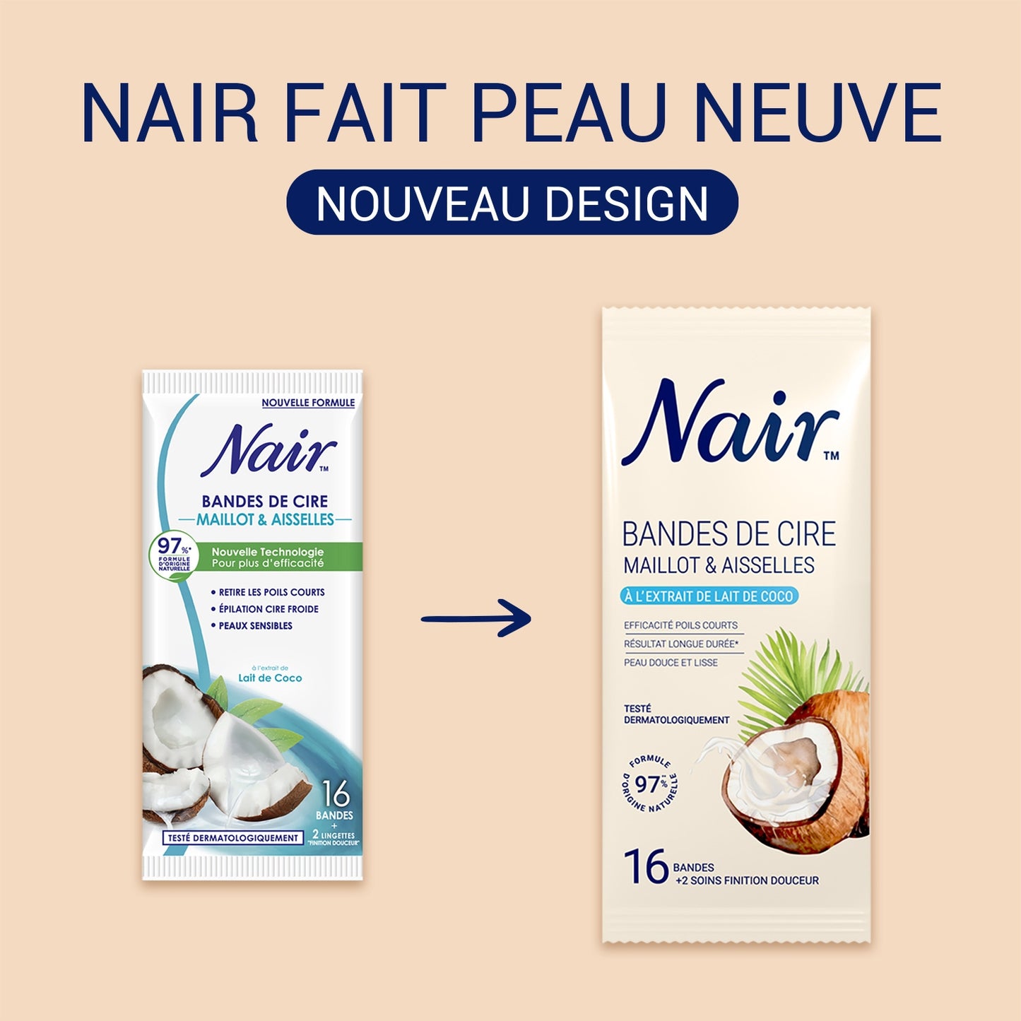 Bandes de Cire Froide Maillot Aisselles Peau Sensible Lait de Coco NAIR