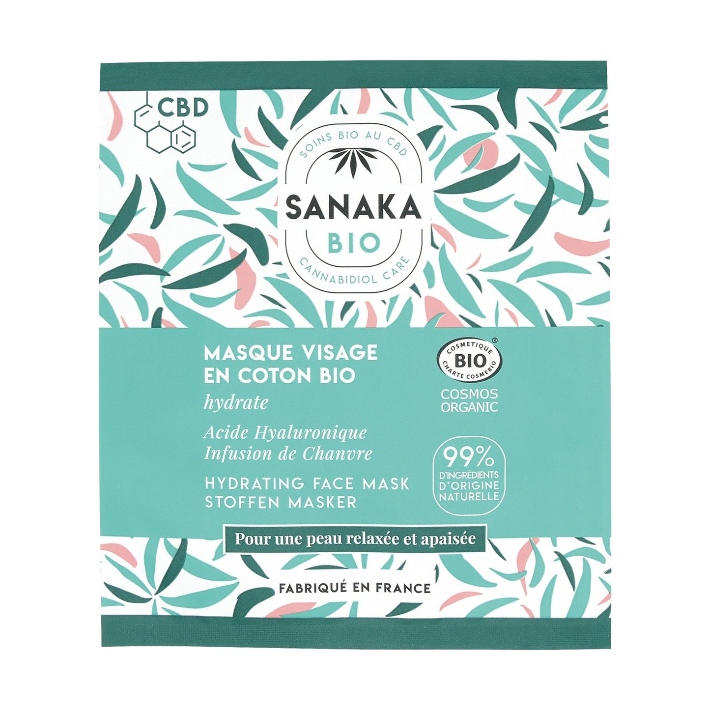 Masque Tissu Visage Hydratant Apaisant Revitalisant CBD & Chanvre en Coton Bio SANAKA BIO
