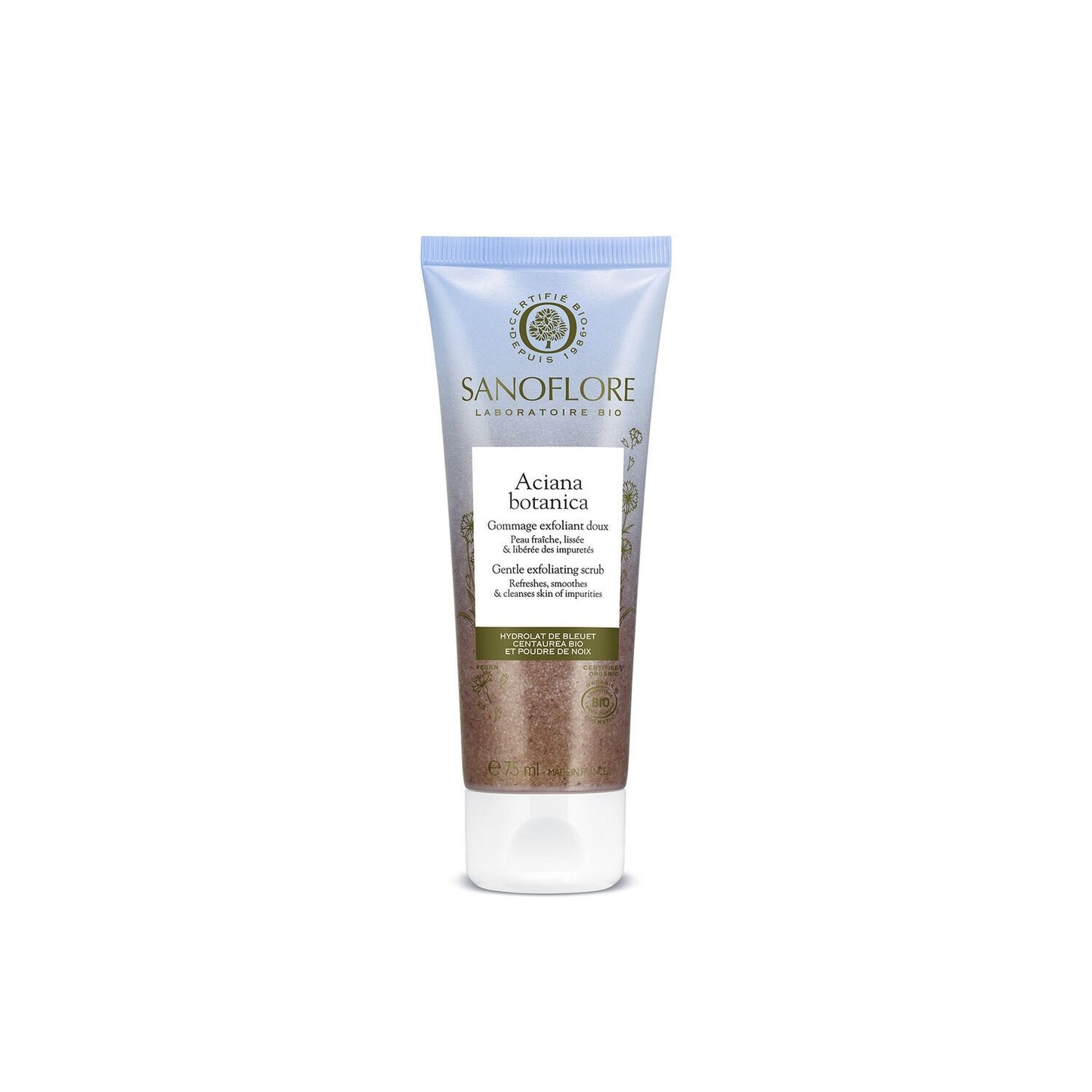 Gommage Visage Peaux Sensibles Exfoliant Doux Aciana à l'Eau de Bleuet Bio SANOFLORE le tube de 75mL