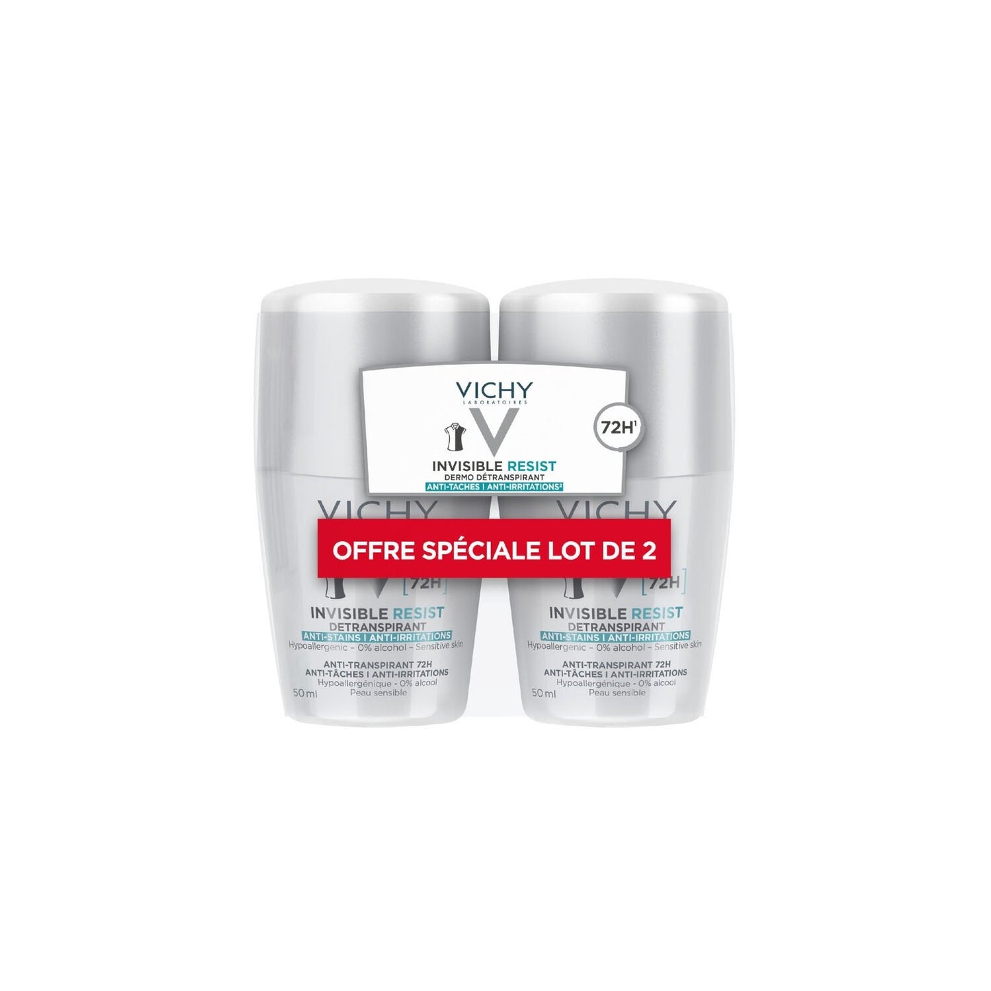 Déodorant Homme Anti-Transpirant Anti-Taches Anti-Irritations 72h Invisible Resist VICHY LABORATOIRES le lot de 2 flacons de 50mL