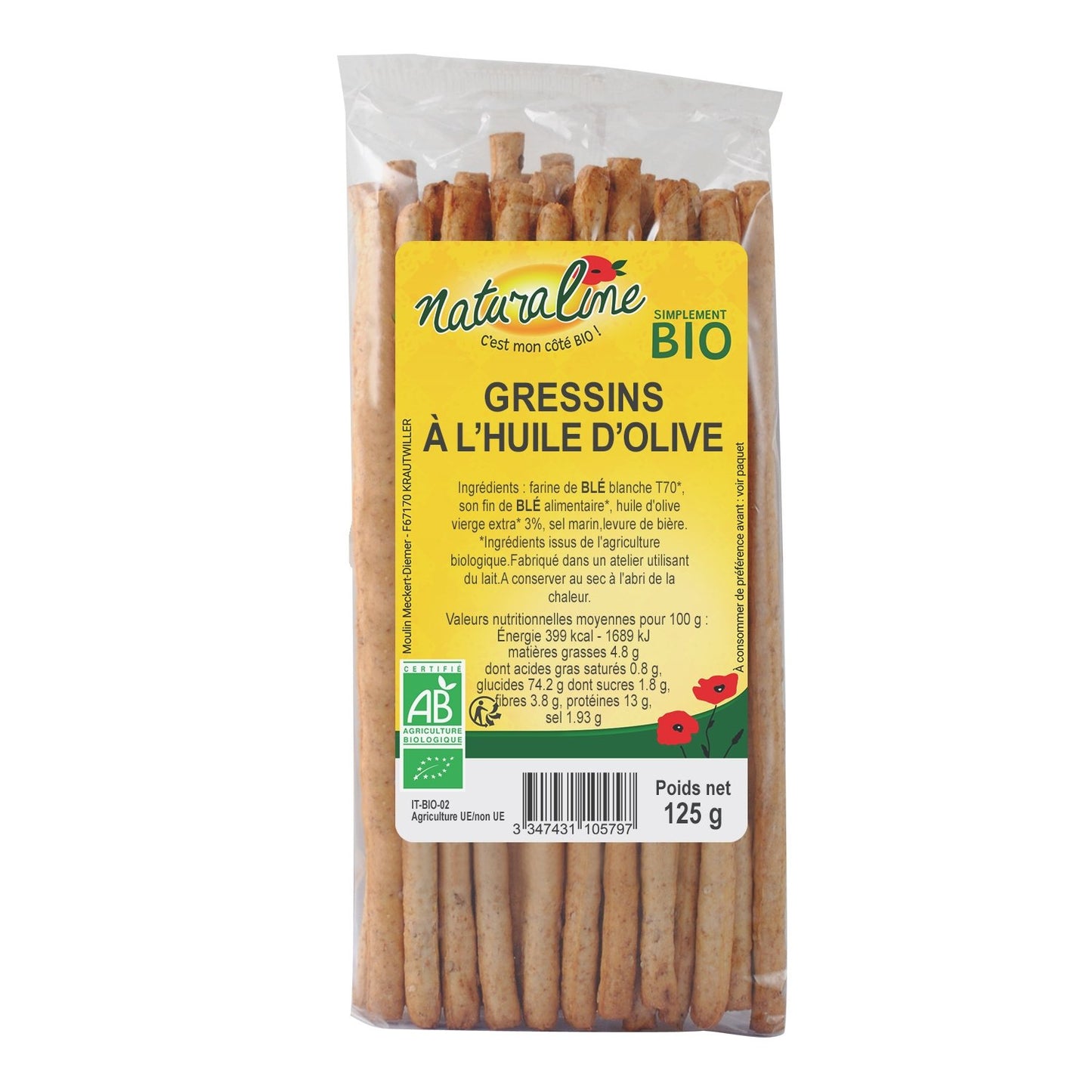 Gressins à l'Olive Vierge Bio NATURALINE le paquet de 125g