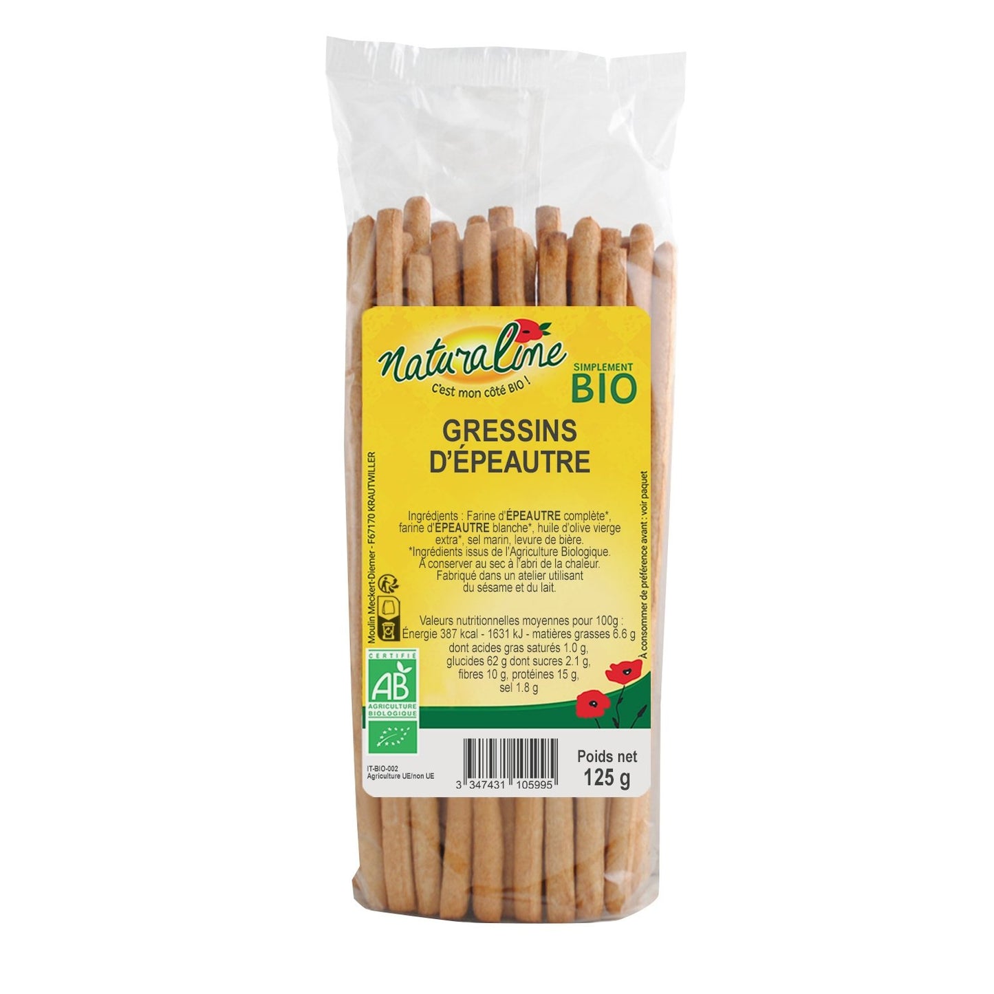 Gressins Bio d'Épeautre NATURALINE le paquet de 125g