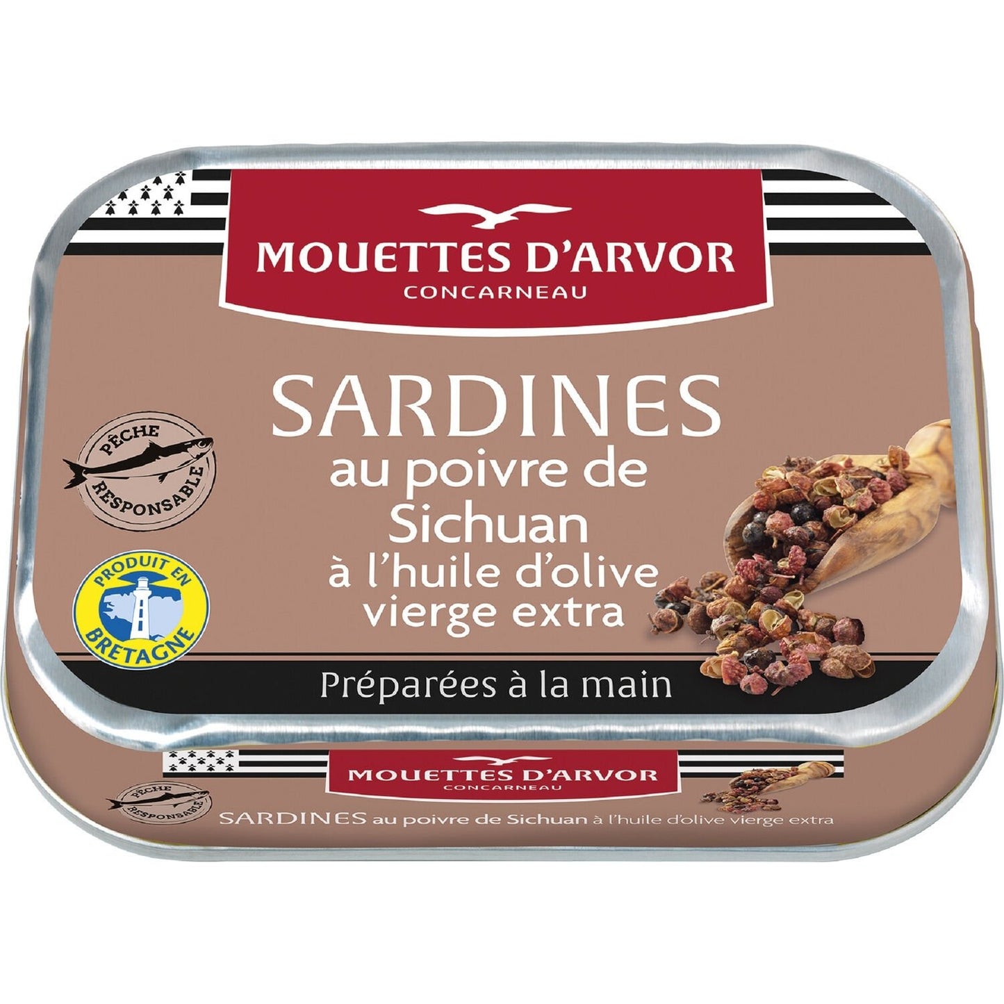 Sardines au Poivre de Sichuan et à l'Huile d'Olive LES MOUETTES D'ARVOR la boîte de 115g