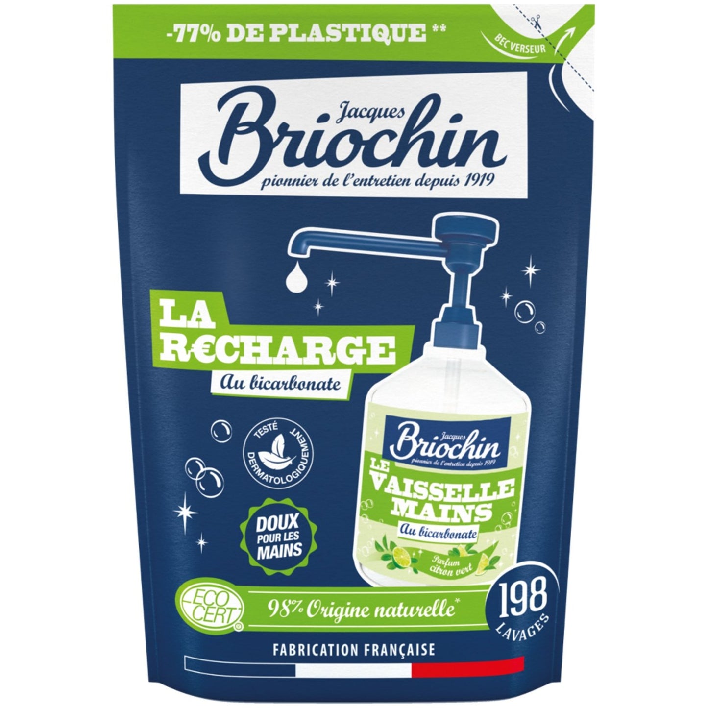 Liquide Vaisselle Recharge Bicarbonate Ultra Désincrustant Doux pour les Mains BRIOCHIN l'éco-recharge de 500mL