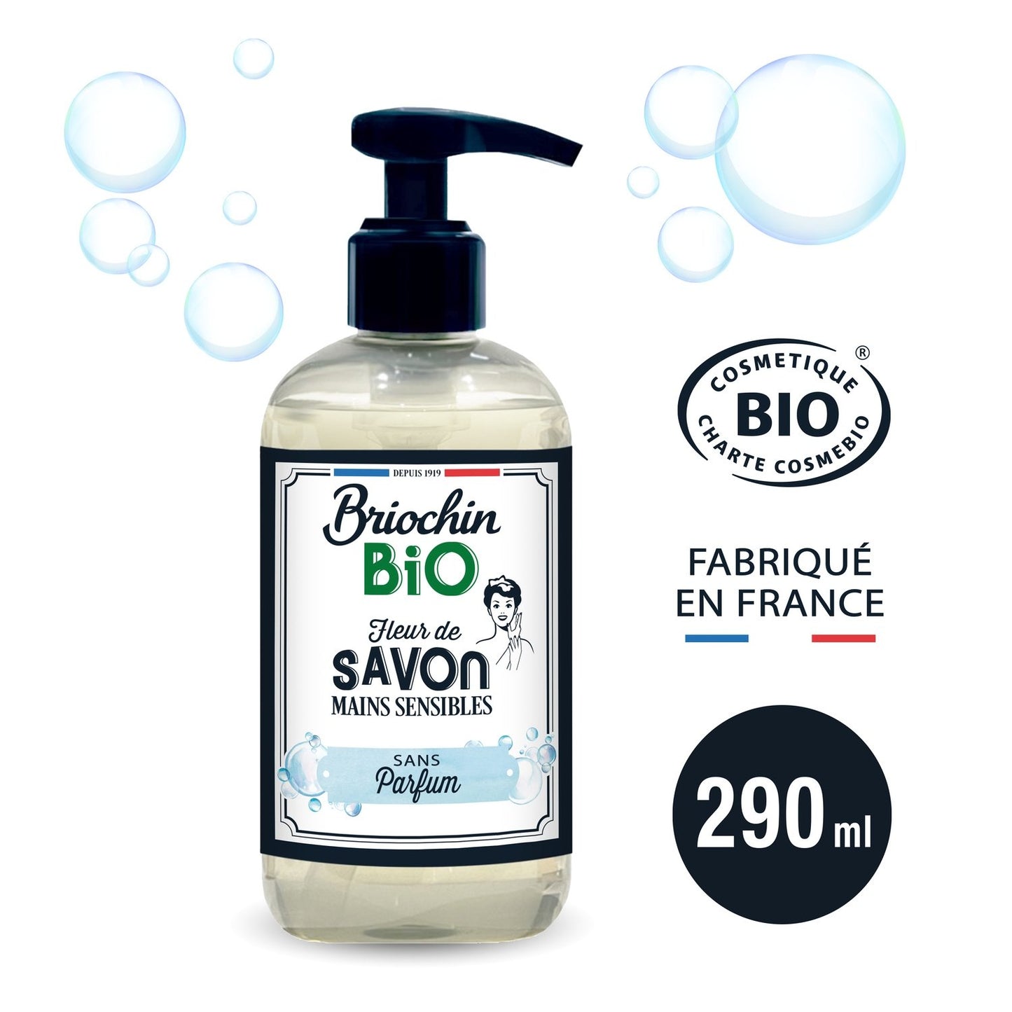 Savon Liquide Mains Sensibles Sans Parfum Bio BRIOCHIN la pompe de 290mL