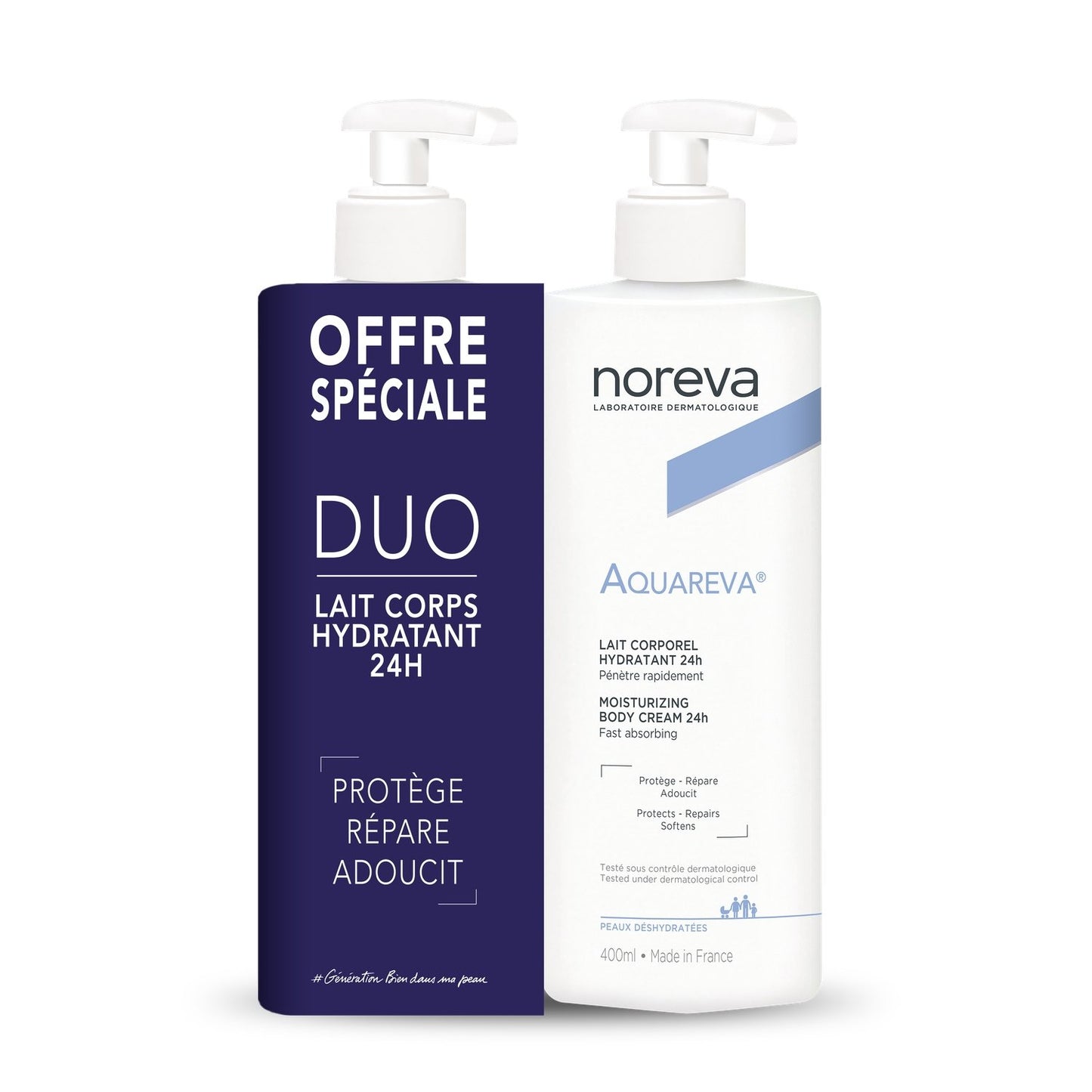 Lait Corps Peau Déshydratée Hydratant et Protecteur NOREVA le lot de 2 flacons-pompe de 400mL
