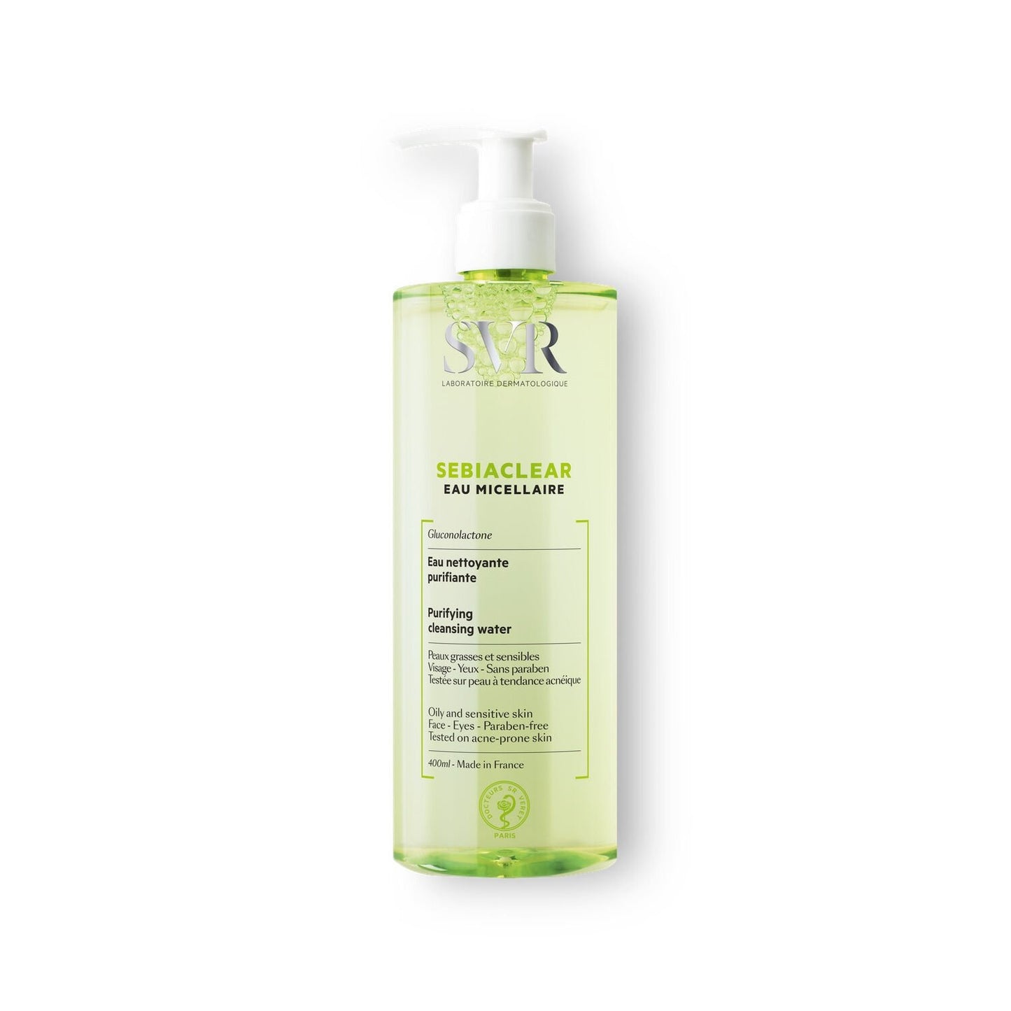 Eau Micellaire Visage et Yeux Nettoyante Démaquillante Sebiaclear LABORATOIRE SVR la pompe de 400mL