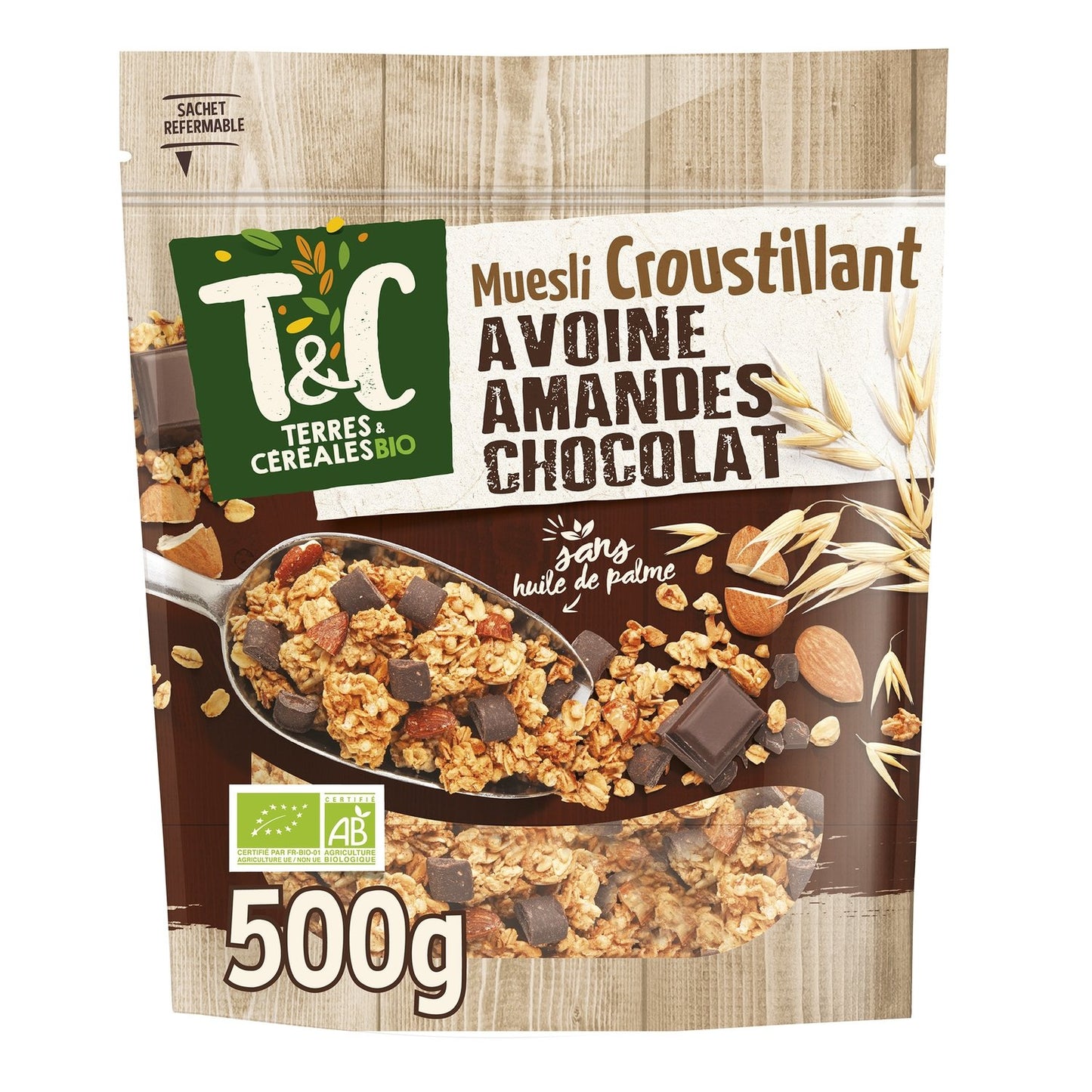 Ontbijtgranen Knapperige muesli met haver, amandel en chocolade zonder palmolie, biologisch TERRES & CEREALES BIO
