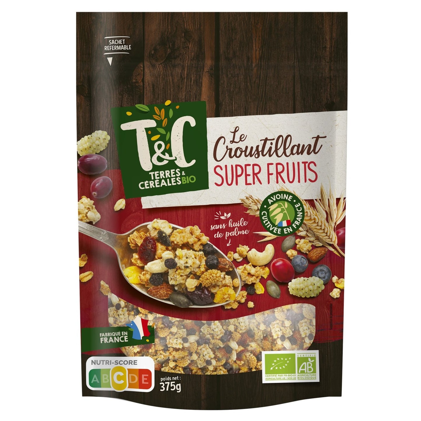 Céréales Muesli Canneberge, Myrtille et Mûre Sans Huile de Palme Bio Terres & CEREALES BIO le paquet de 375g
