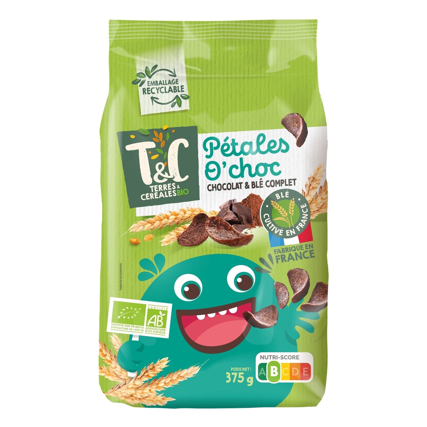 Cereales de copos de trigo integral con chocolate ecológico TERRES & CEREALES BIO