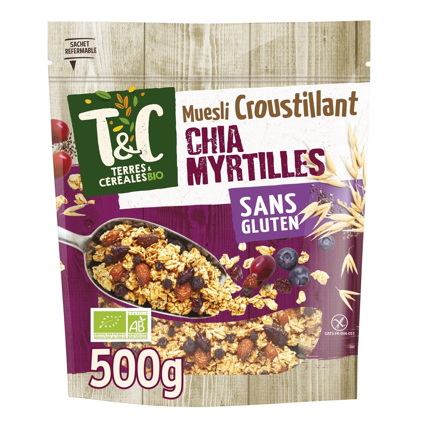 Céréales Muesli Croustillant Graine de Chia & Myrtille Sans Gluten et Sans Huile de Palme Bio Terres & CEREALES BIO