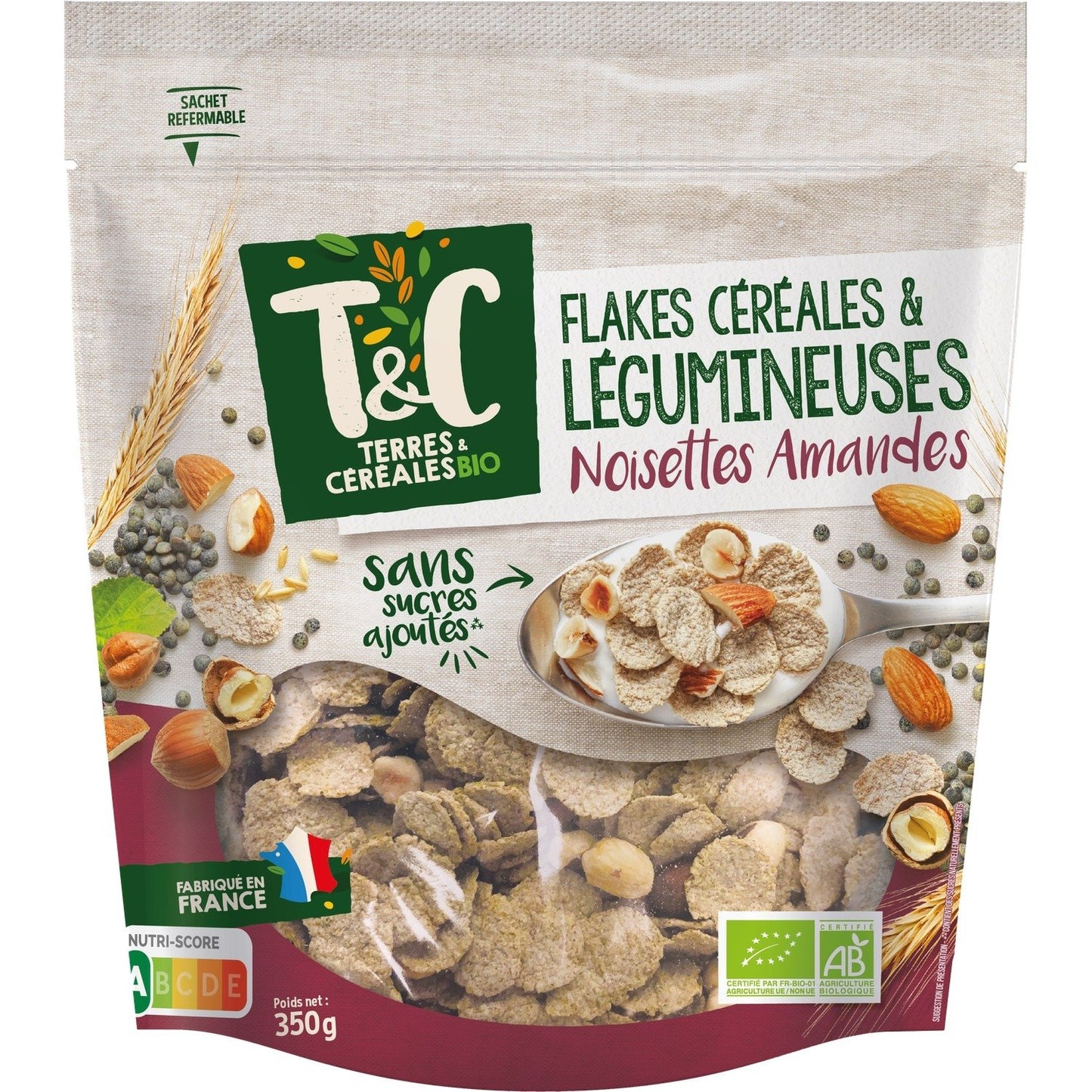 Cereales de copos de centeno y harina de lentejas con almendras y avellanas tostadas, sin azúcares añadidos, ecológicas TERRES & CEREALES BIO