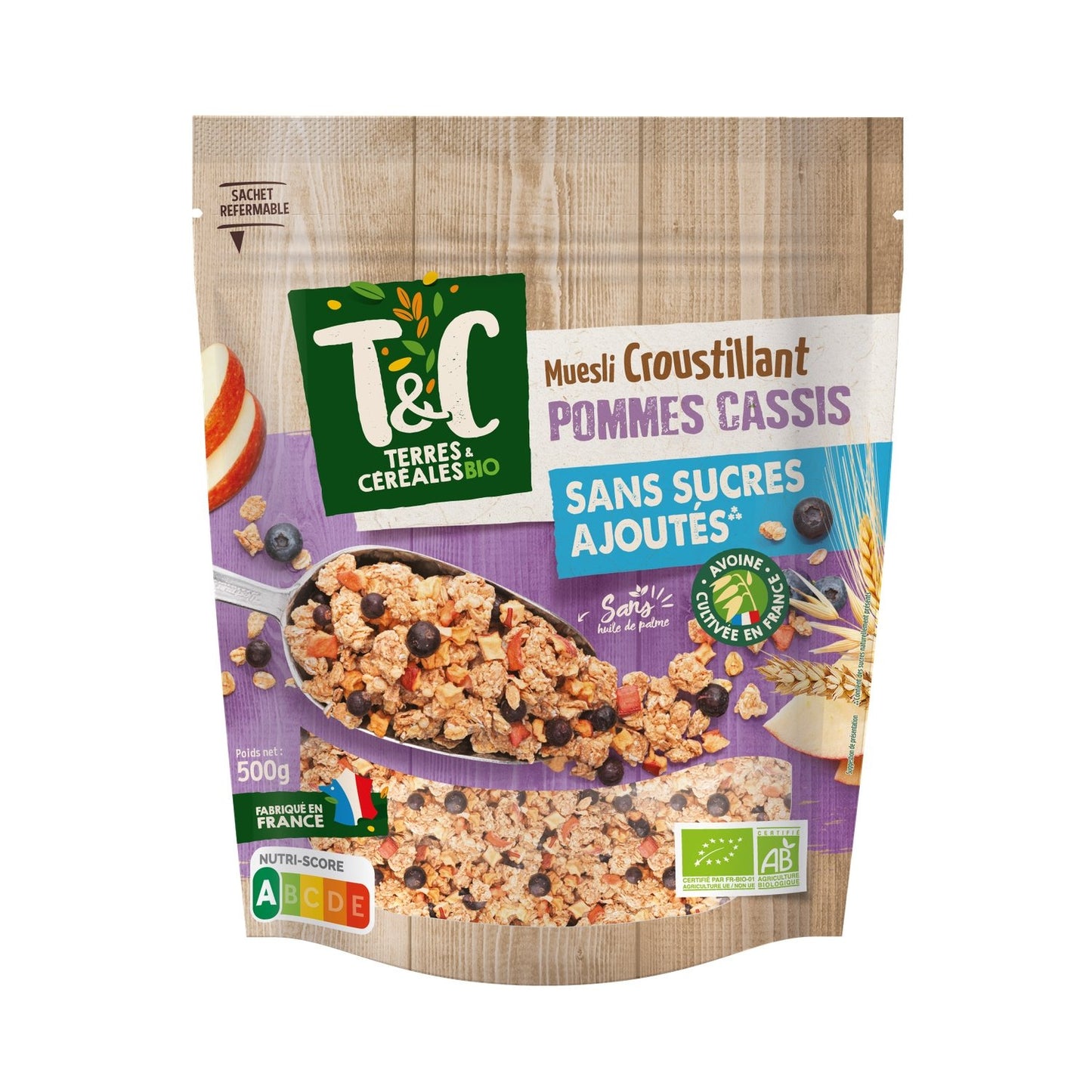 Muesli crujiente de manzana y grosella negra, sin azúcares añadidos y sin aceite de palma, ecológico TERRES & CEREALES BIO