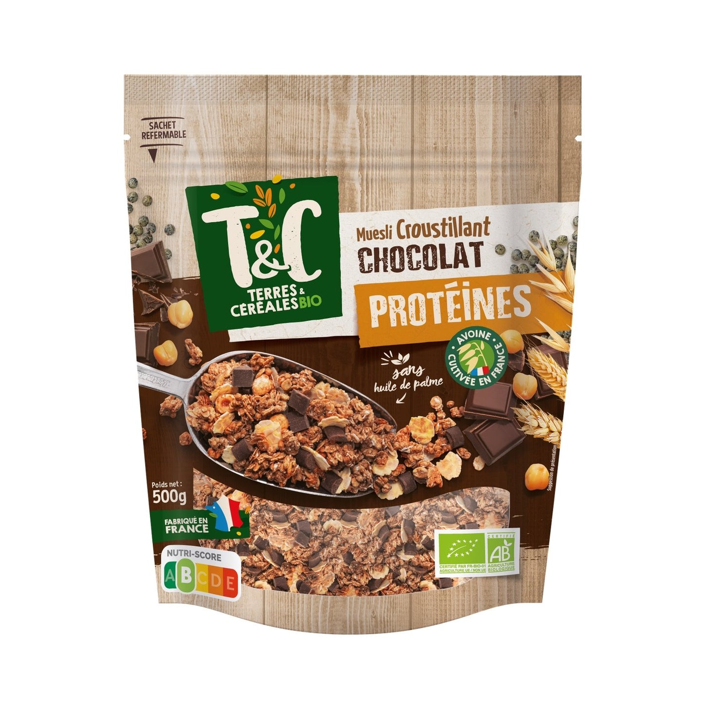 Céréales Muesli Croustillant Protéiné Chocolat Sans Huile de Palme Bio Terres & CEREALES BIO le paquet de 500g