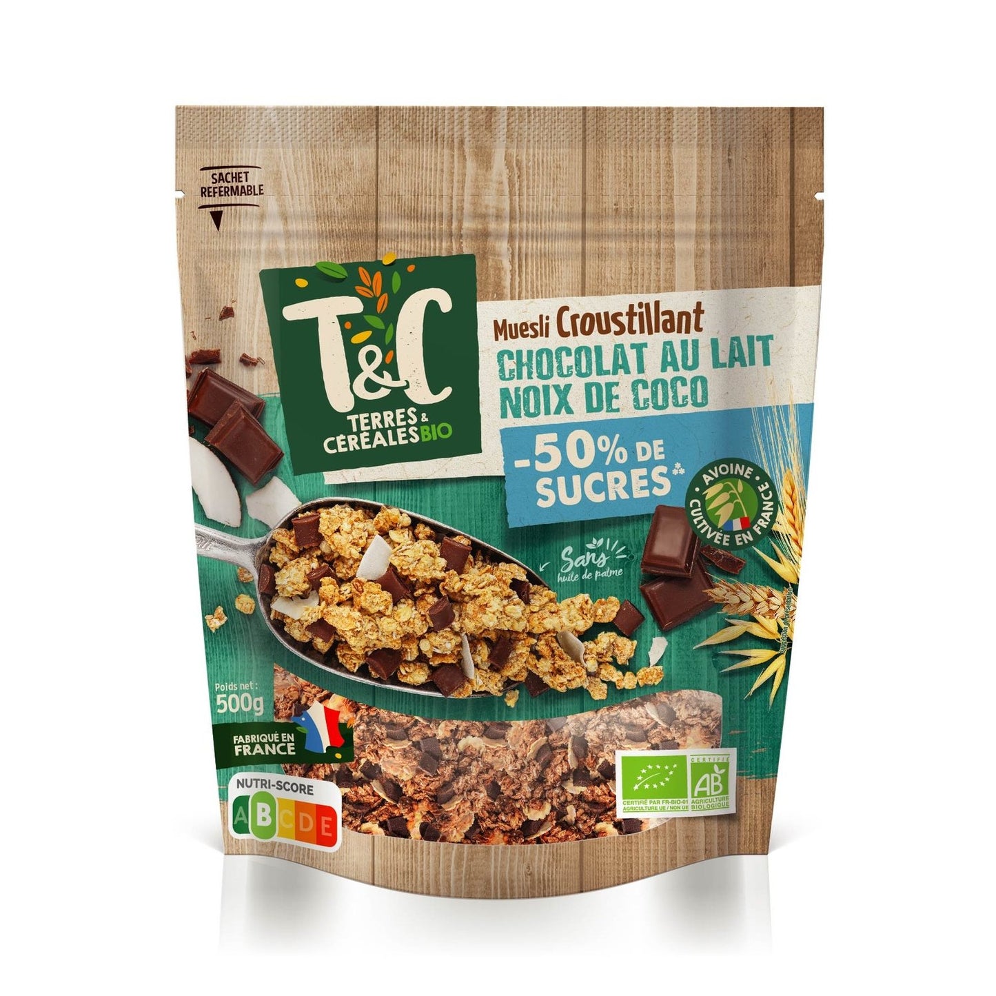 Crunchy Muesli Cereal with Milk Chocolate & Coconut, Less Sugar and No Palm Oil Organic Terres & Cereals Organic