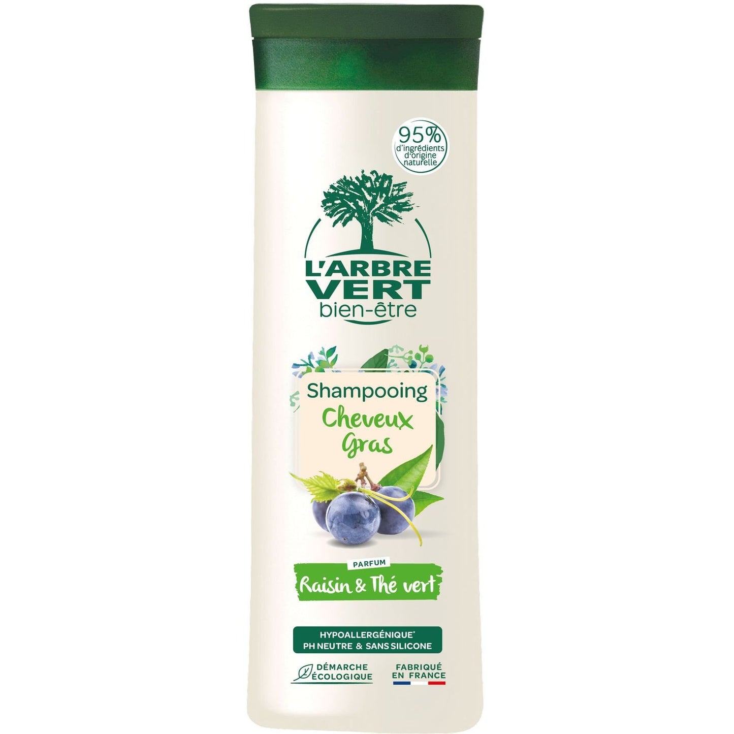 Shampoing Purifiant Cheveux Gras Extraits de Raisin et Thé Vert L'ARBRE VERT BIEN-ETRE le flacon de 250mL