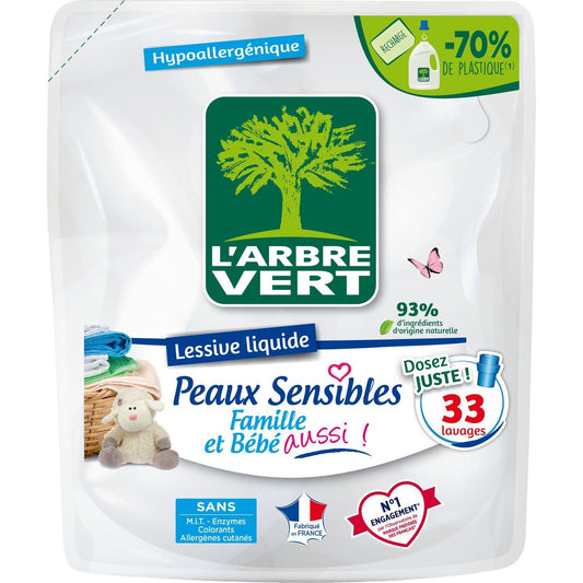 Lessive Liquide Recharge Hypoallergénique, Peaux Sensibles L'ARBRE VERT