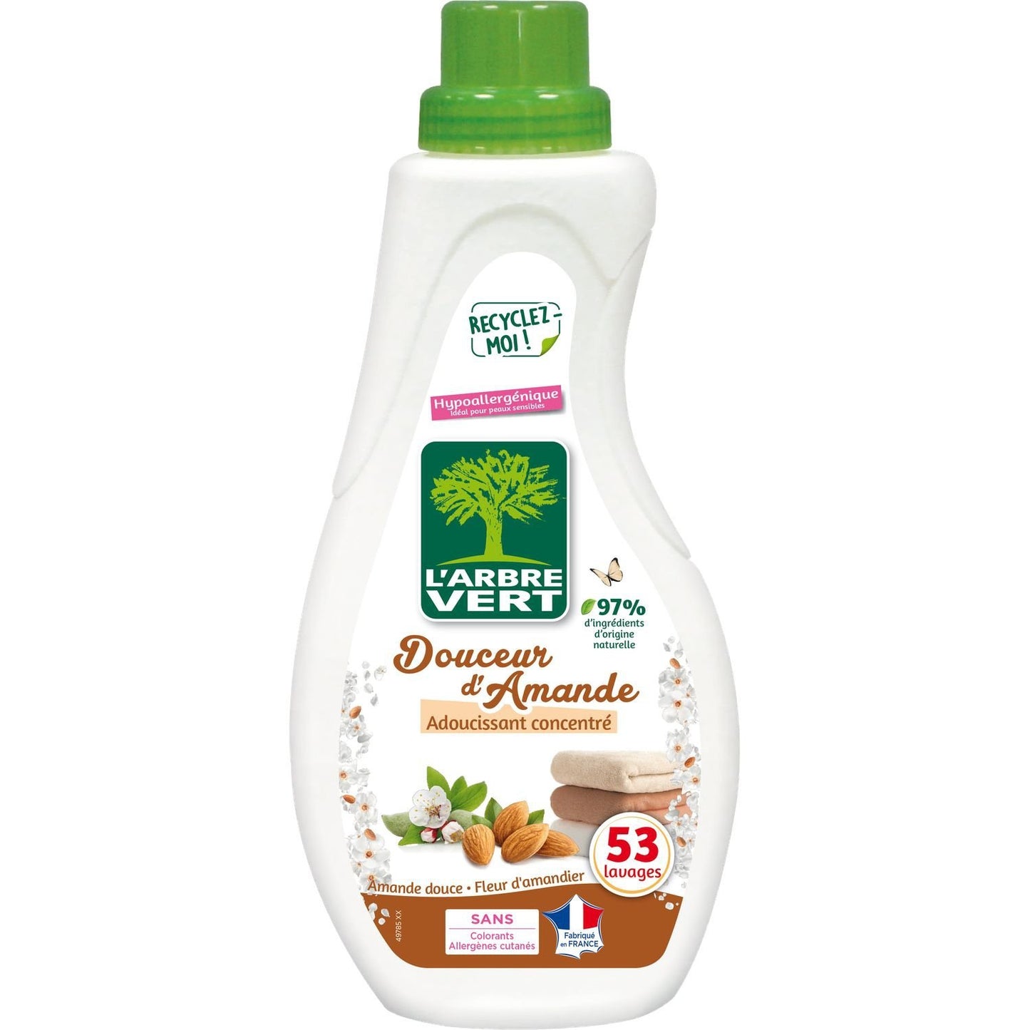 Adoucissant Concentré Douceur d'Amande et Hypoallergénique L'ARBRE VERT le bidon de 800mL, 53 lavages