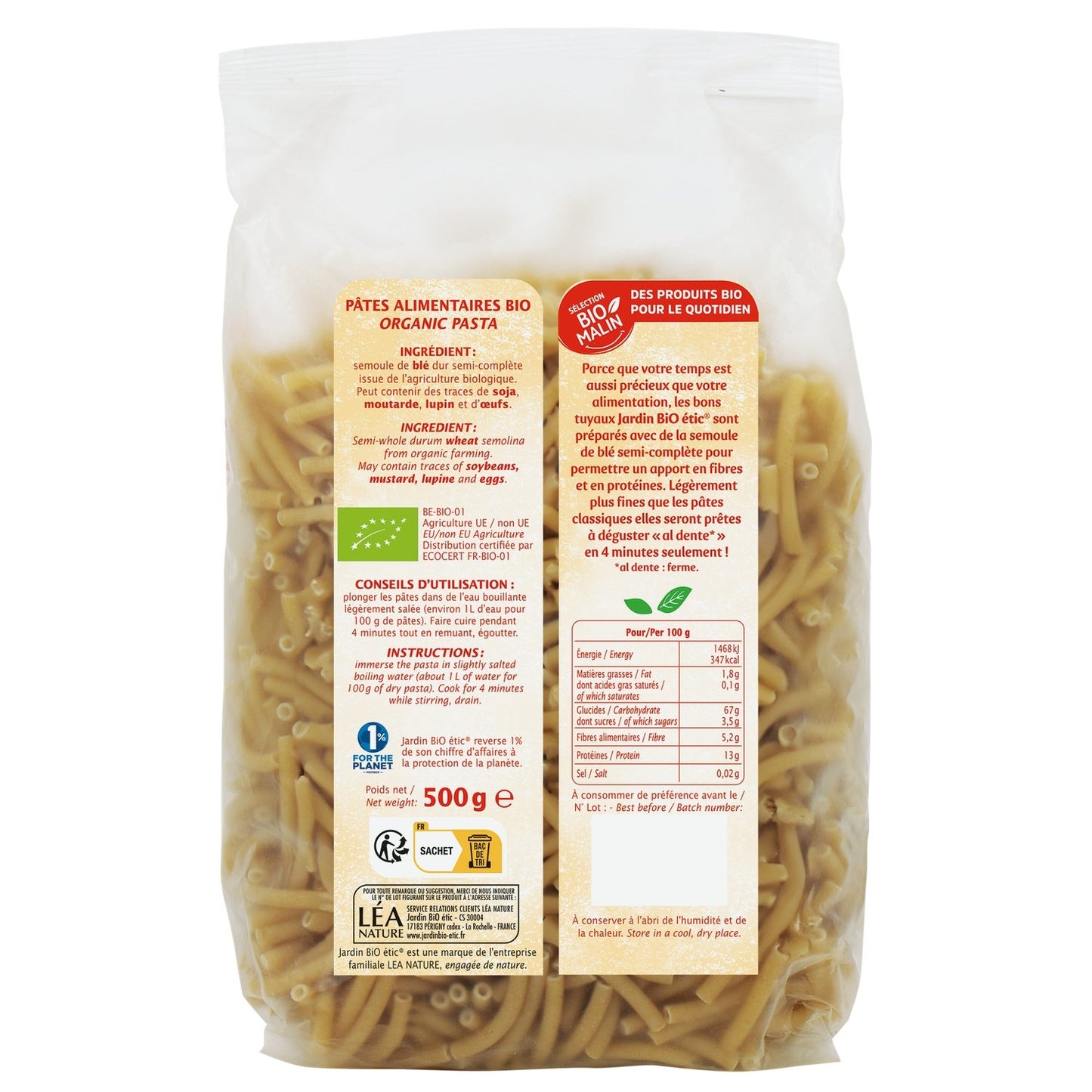 Organic Semi-Whole Good Tips Pasta JARDIN BIO ETIC