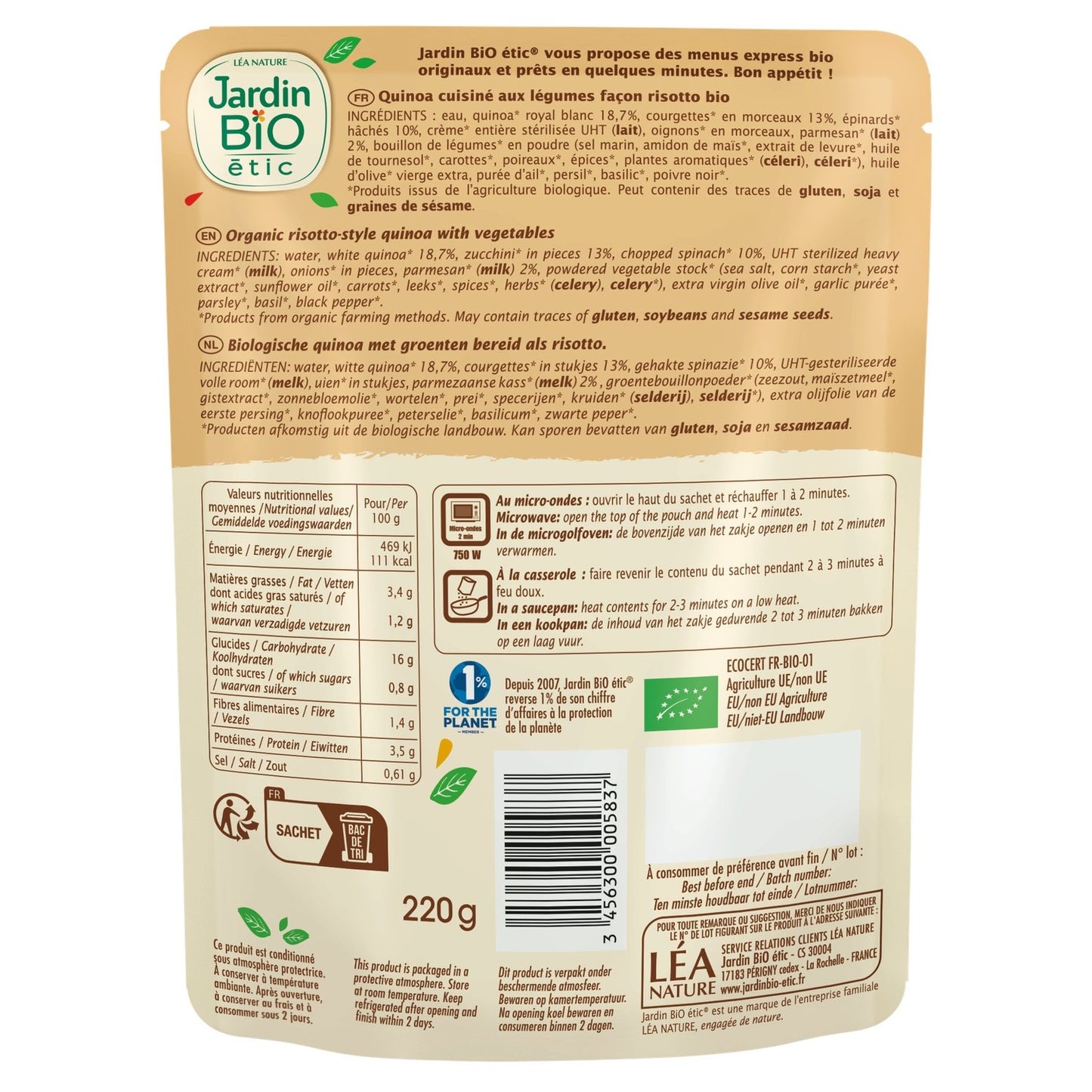 Quinotto Ready Meal with Organic Green Vegetables and Parmesan Organic Garden ETIC