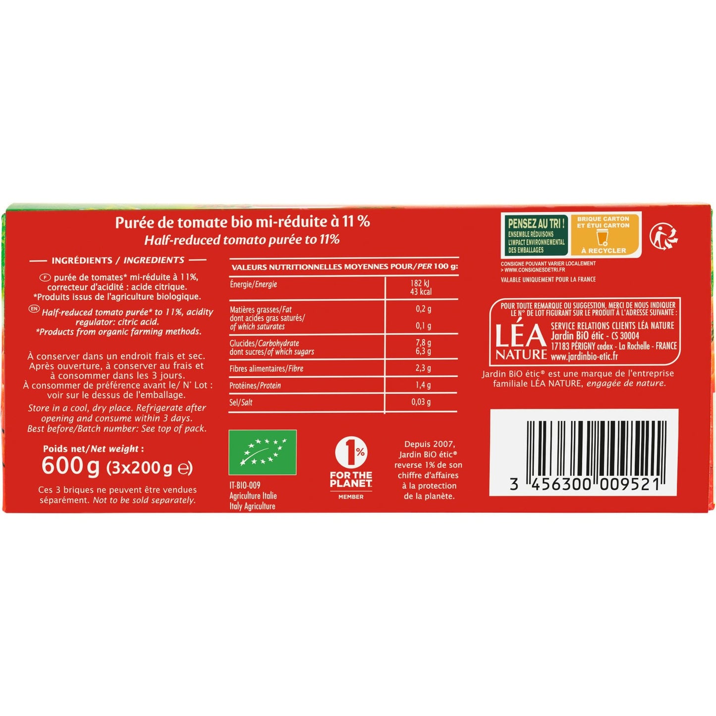 Puré de tomate sem sal adicionado biológico JARDIN BIO ETIC