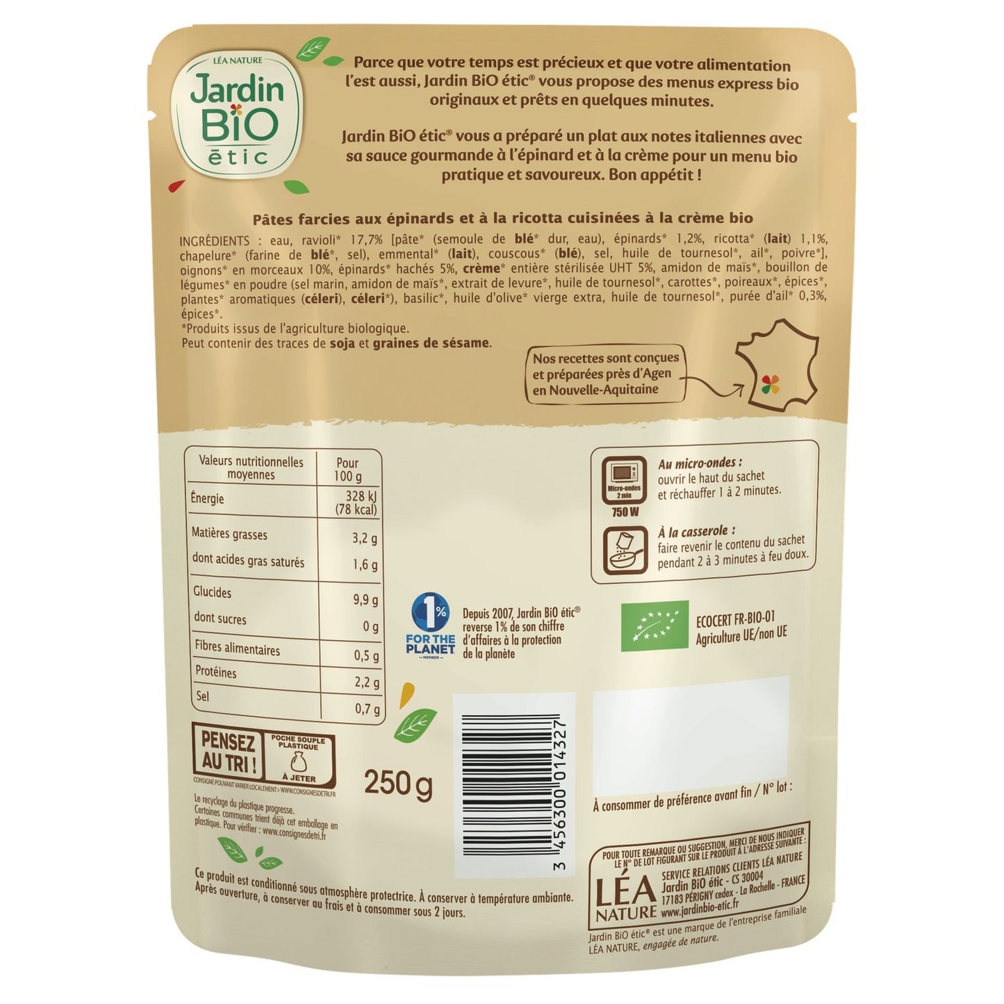 Organic Spinach and Ricotta Ravioli Ready Meal JARDIN BIO ETIC