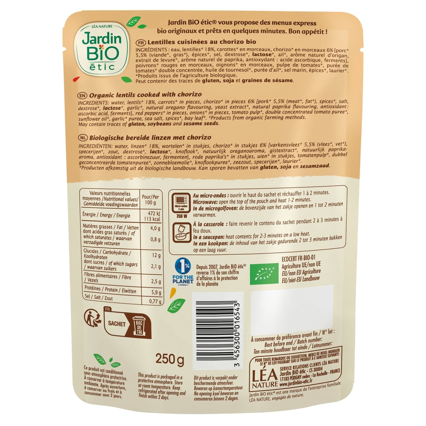Ready Meal: Lentils Cooked with Organic Chorizo JARDIN BIO ETIC