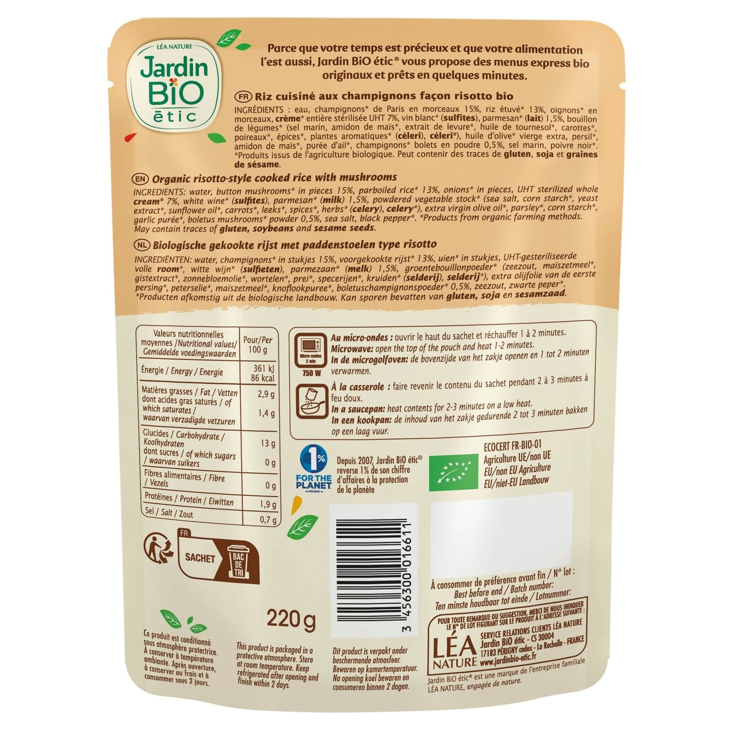 Organic Mushroom Risotto Dish JARDIN BIO ETIC