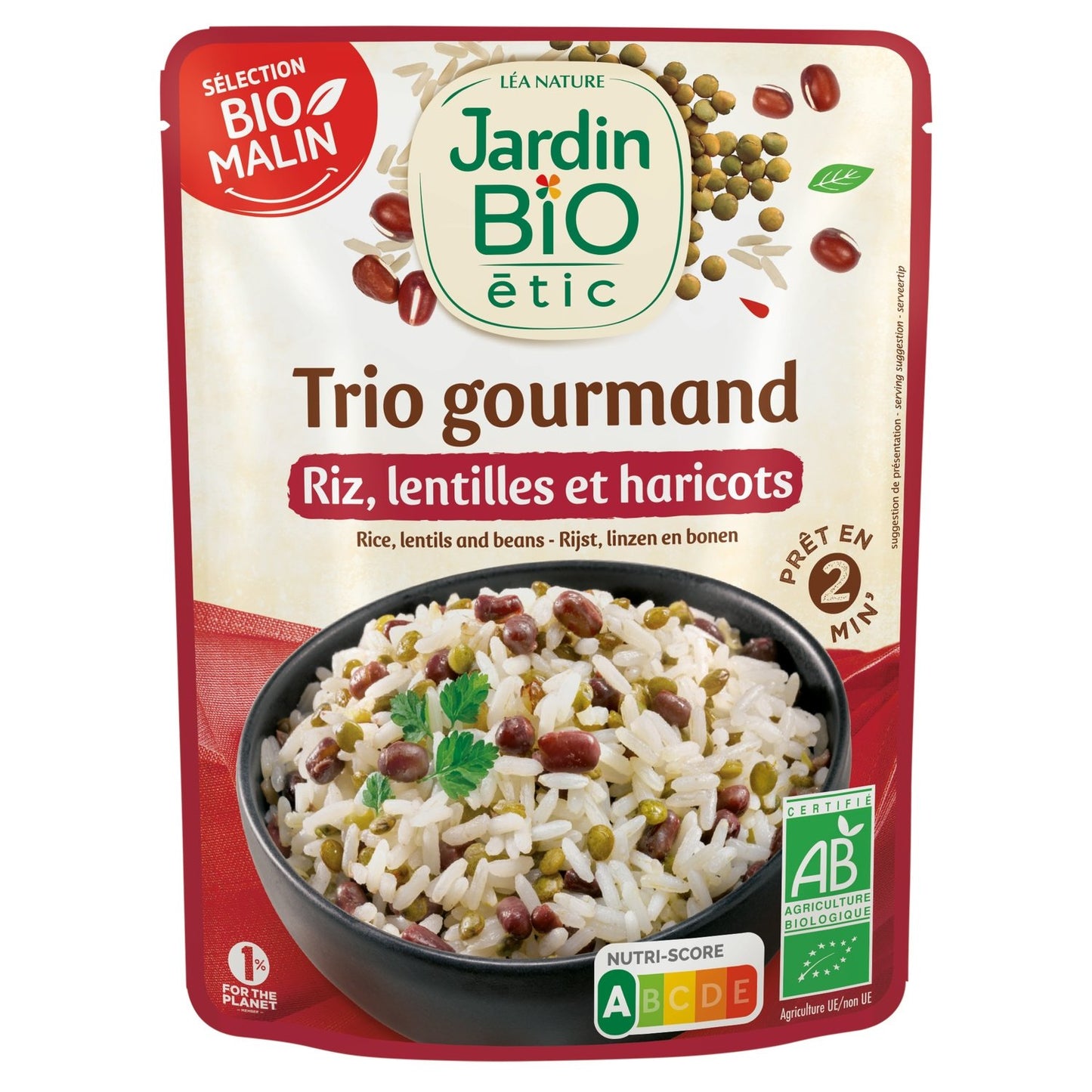 Trio Gourmand Riz Lentilles Bio JARDIN BIO le paquet de 220g