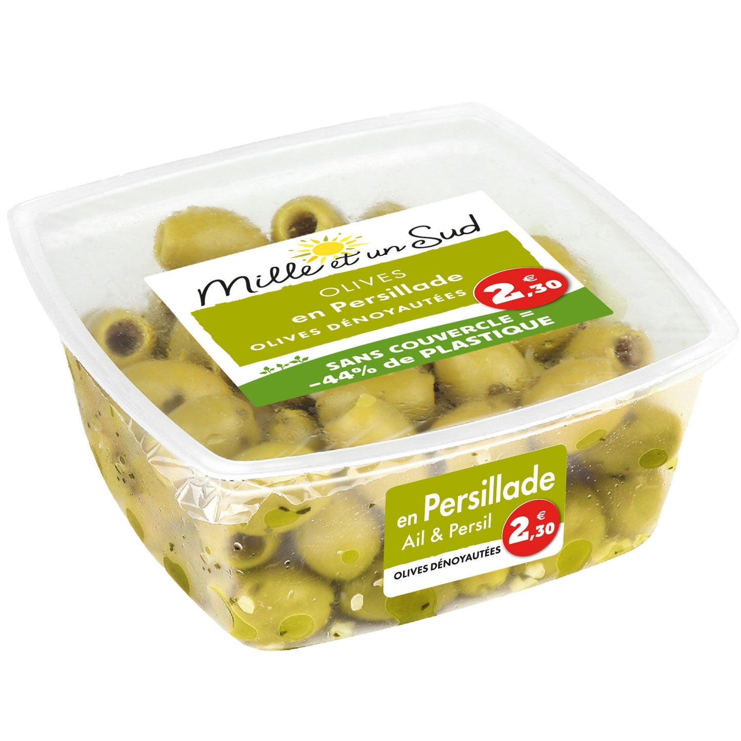 Entsteinte grüne Oliven mit Petersilie und Mille Et Un Sud