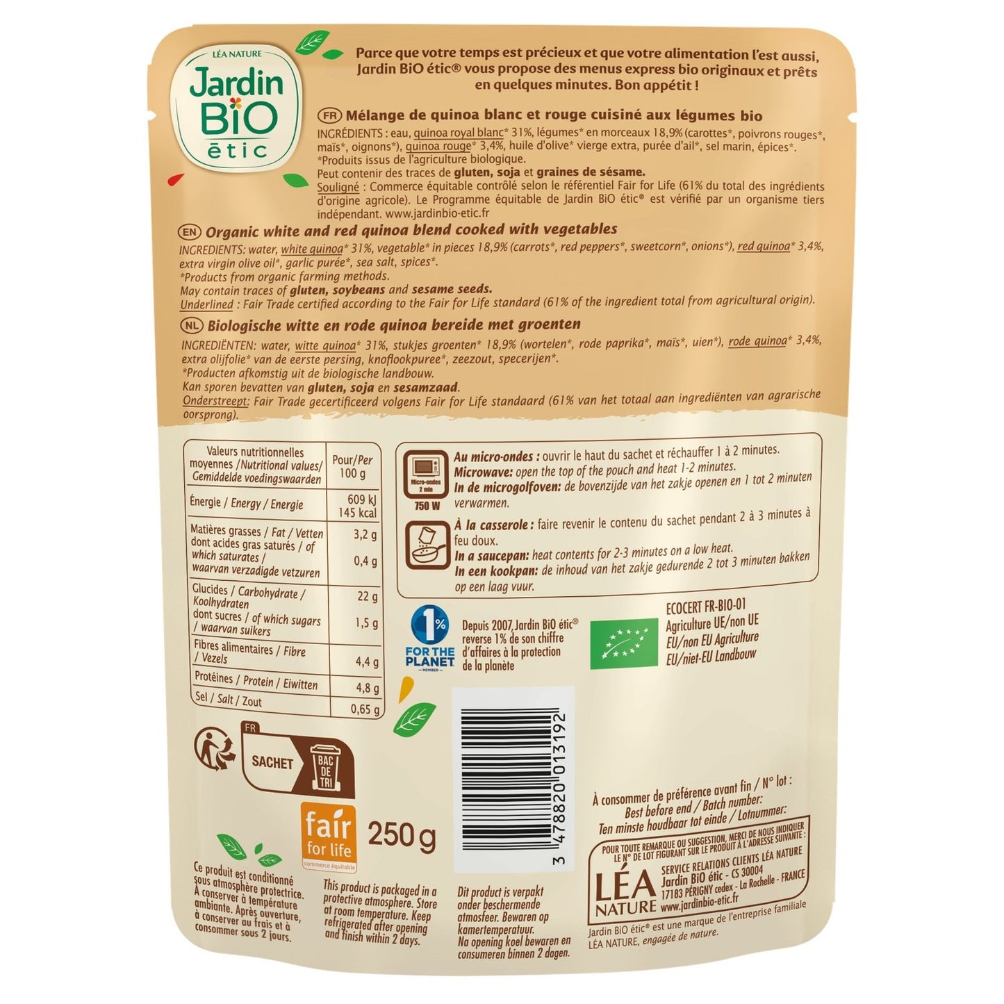 Organic Vegetable Quinoa Duo Ready Meal from JARDIN BIO ETIC
