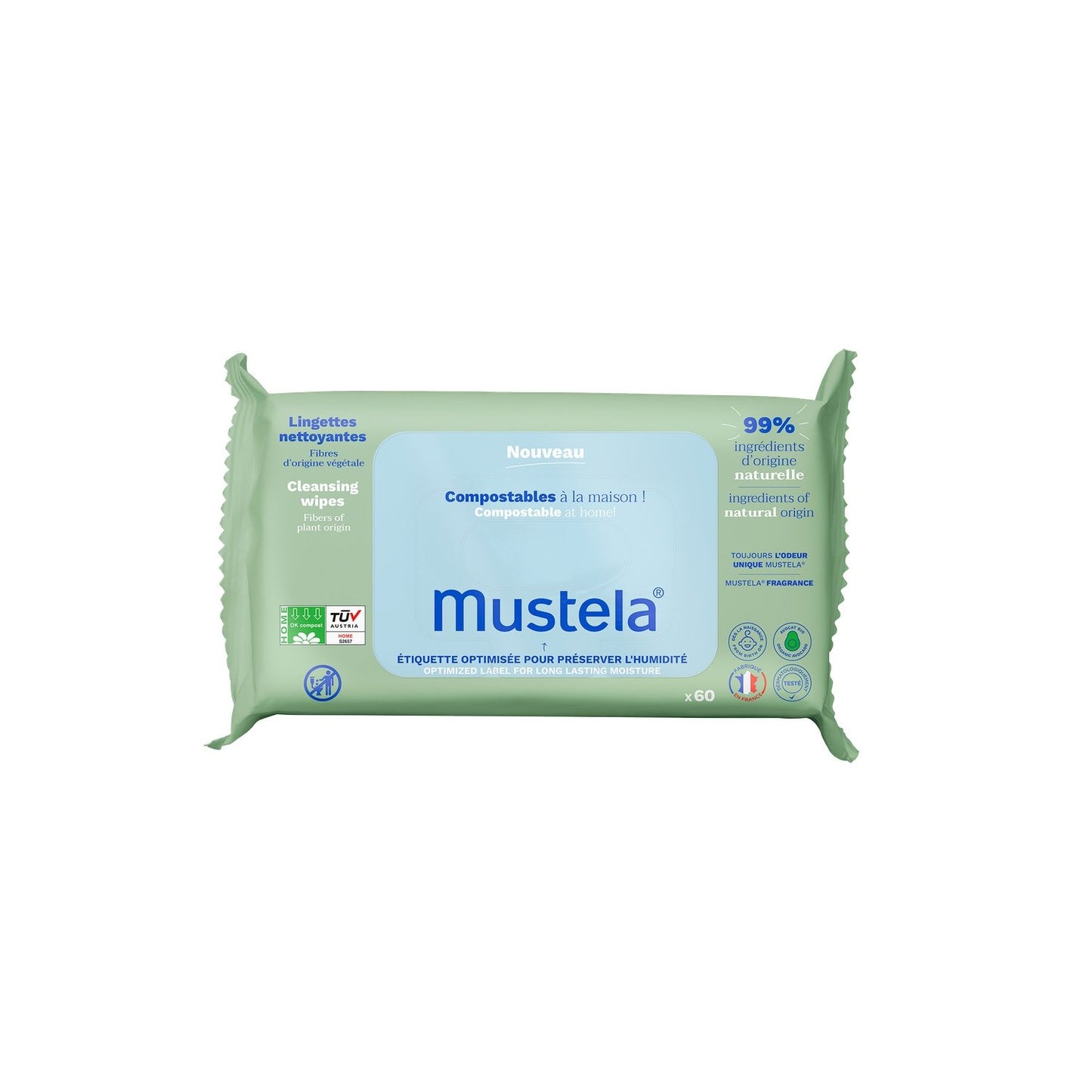 Lingettes Bébé Nettoyantes Fibres d'Origine Végétale MUSTELA le paquet de 60 lingettes
