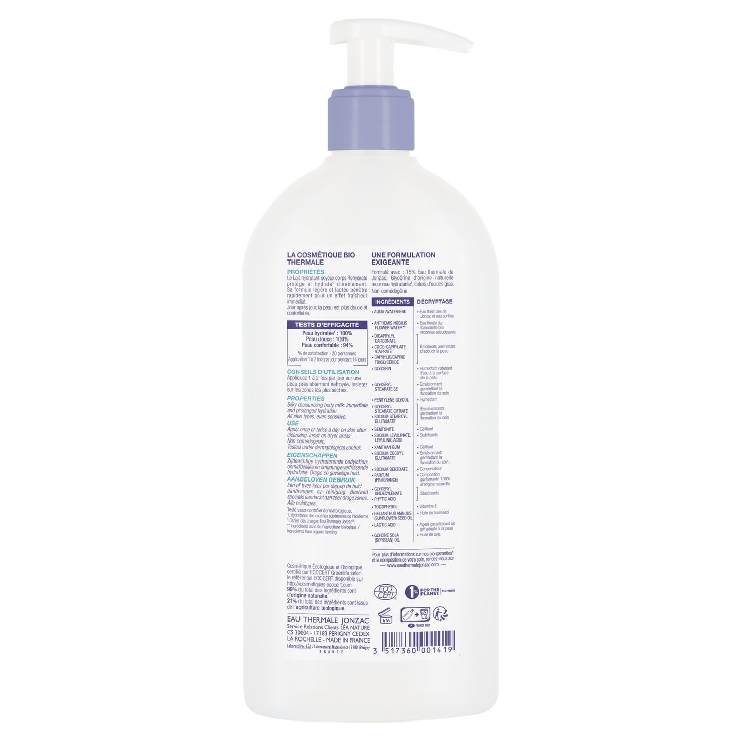 Lait Corps Peau Déshydratée Hydratant et Protecteur Rehydrate Bio EAU THERMALE JONZAC