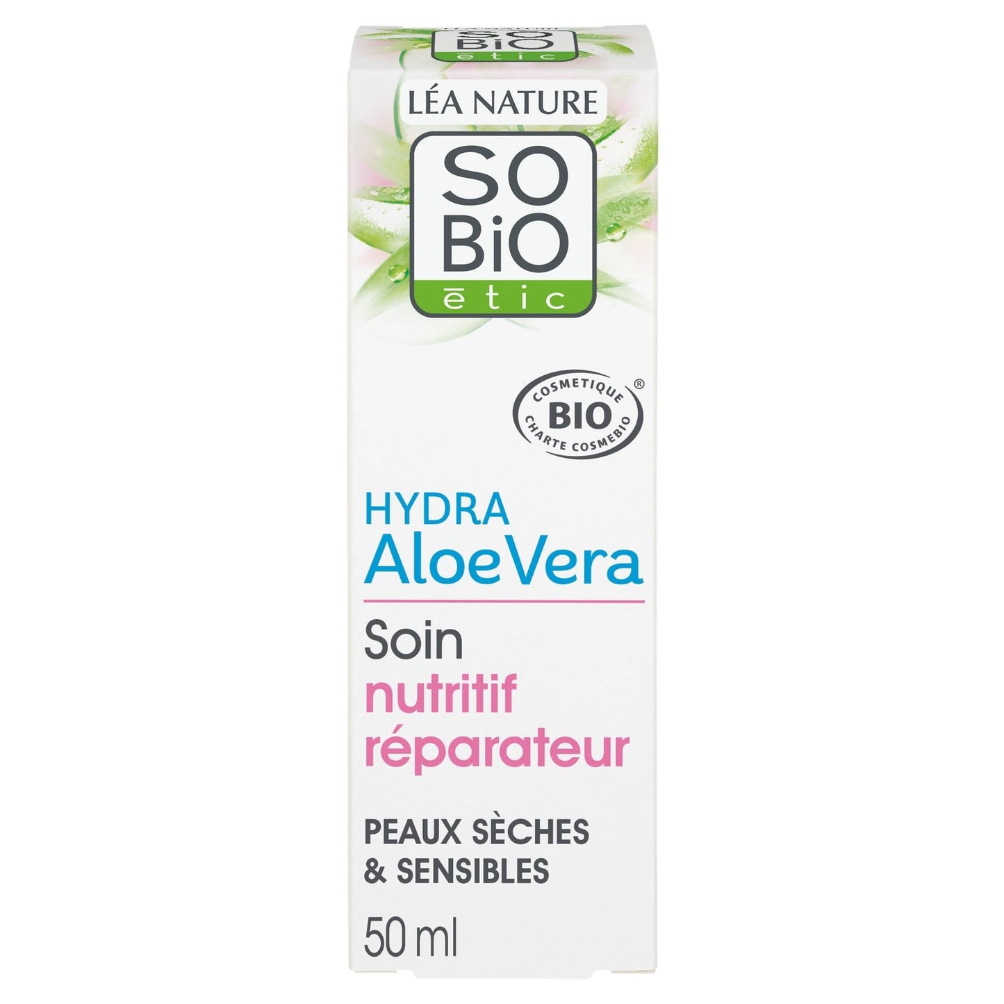 Soin Nutritif Réparateur Peaux Sensibles à Réactives Sèches à Très Sèches Hydra Aloe Vera Bio SO'BIO ETIC le tube de 50mL