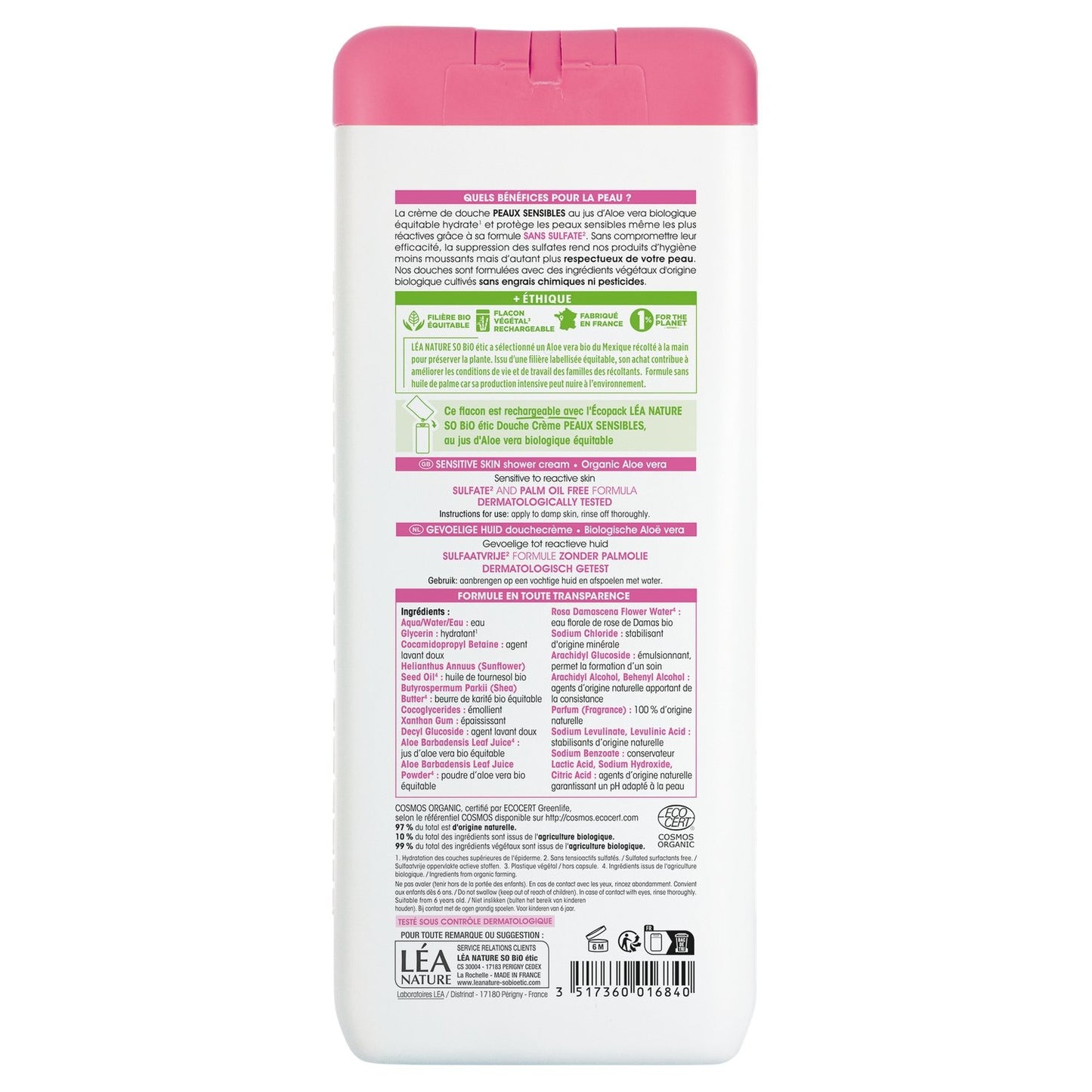 Crema de ducha para pieles sensibles con aloe vera ecológico sin sulfatos SO'BIO ETIC
