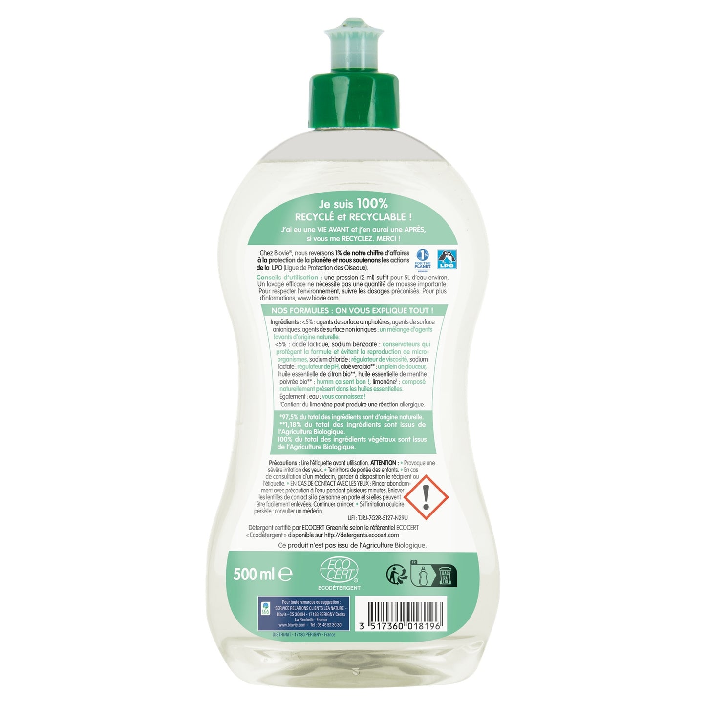 Dishwashing Liquid Mint Lemon Super Degreaser Ecocert Bio BIOVIE