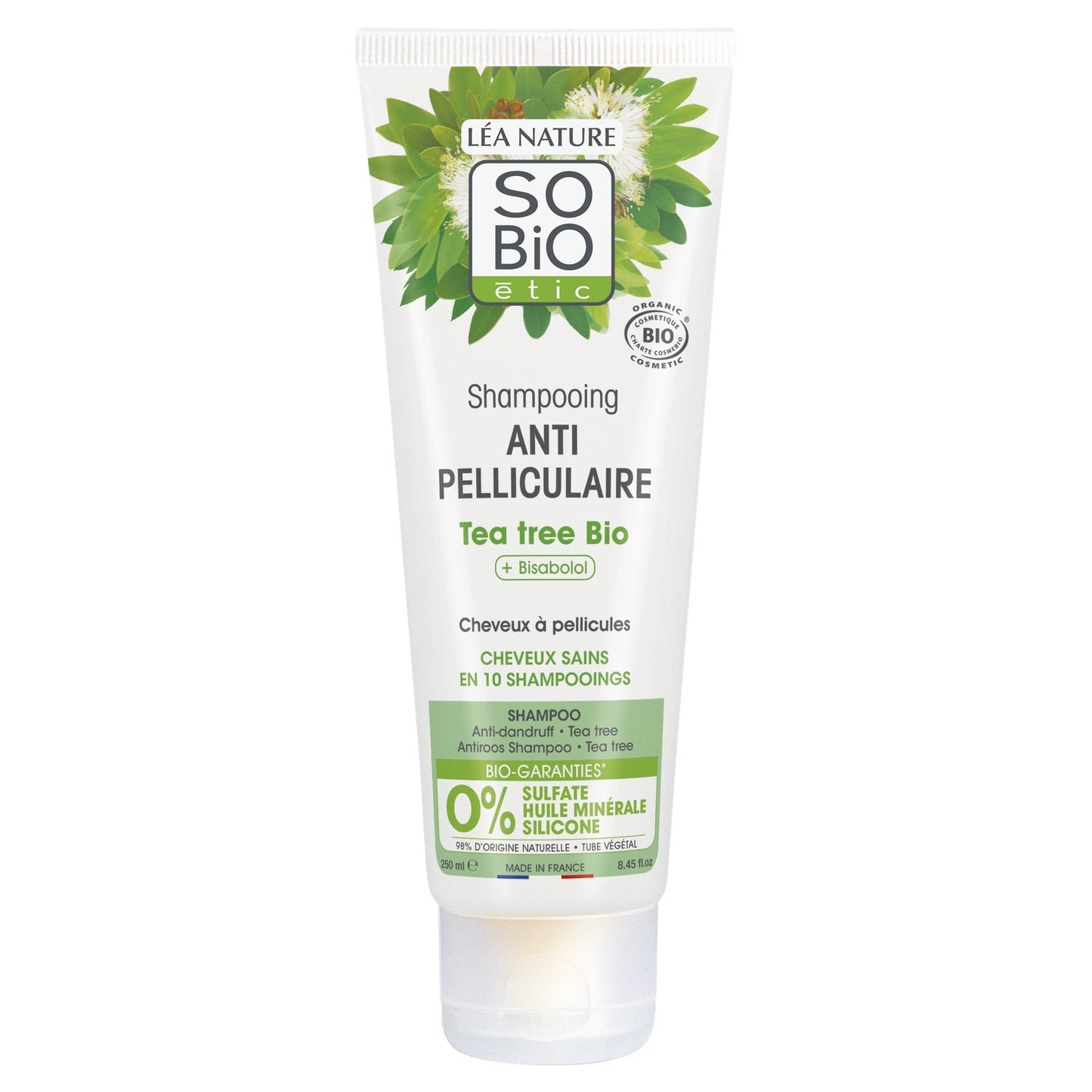 Shampoing Antipelliculaire Cheveux à Pellicules Tea Tree Bio SO'BIO ETIC Le tube de 250 mL