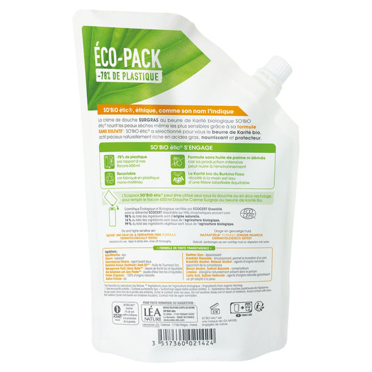 Duschcreme-Nachfüllpackung Surgras pflegt mit Bio-Sheabutter SO'BIO ETIC